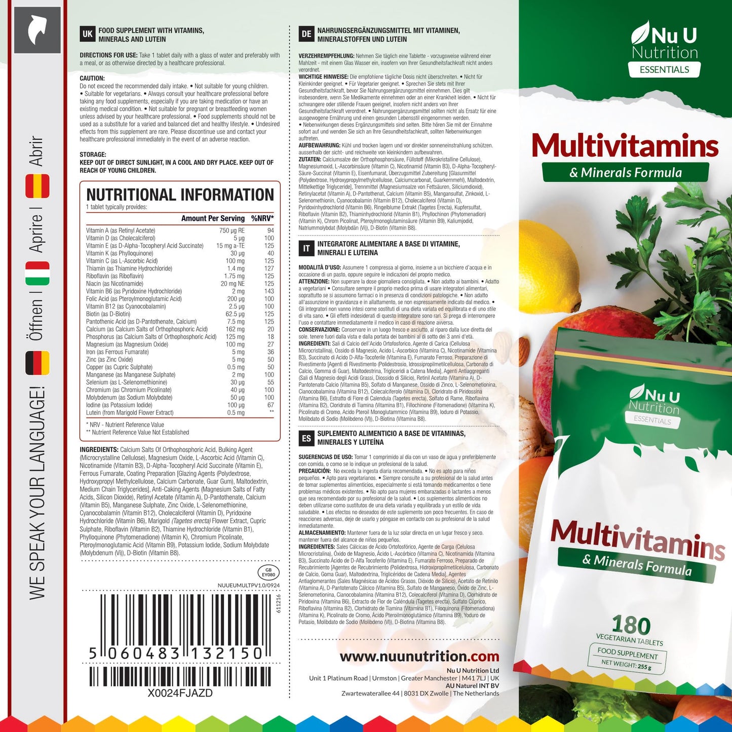 Multivitamin Tablets for Men & Women - 180 Tablets - 6 Month Supply - 25 A-Z Multivitamins & Minerals Including Iron, Zinc & Vitamin D - One a Day - Made in The UK - Nu U Nutrition