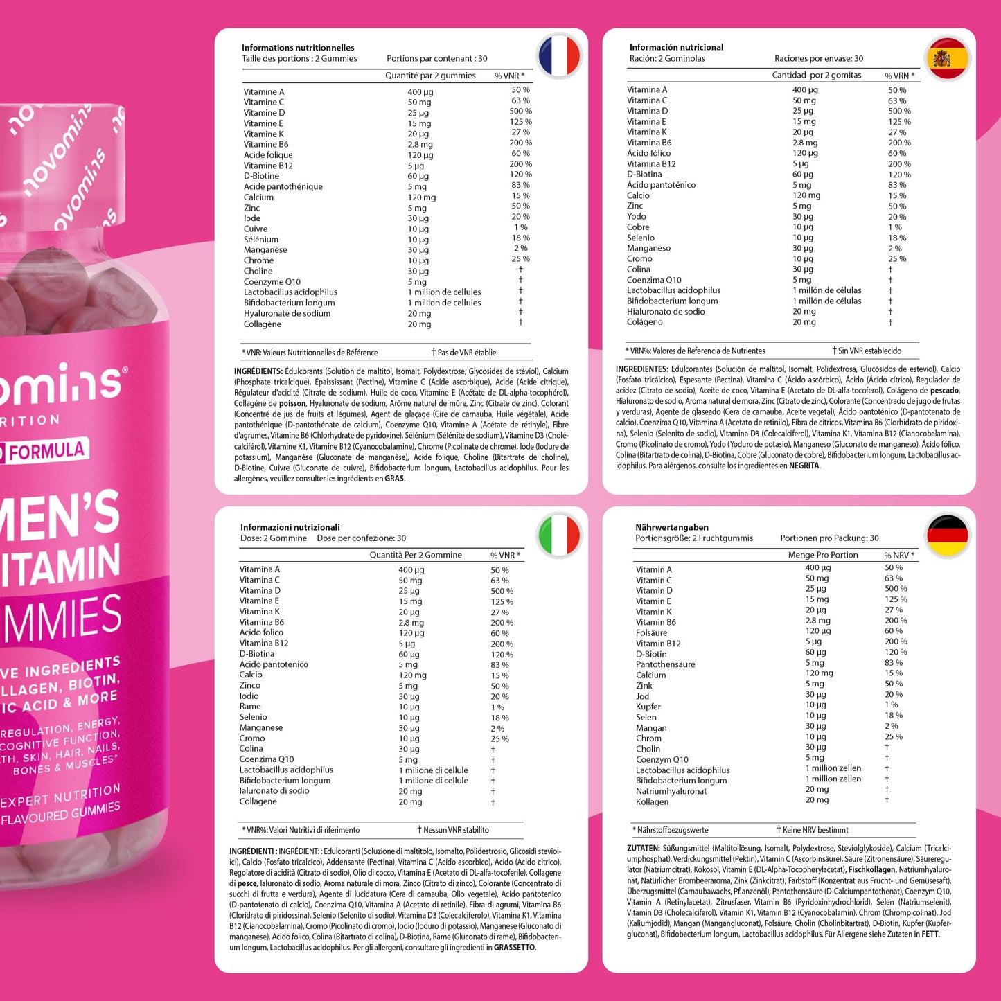 novomins Women’s Multivitamins Gummies & Minerals with Marine Collagen & Hyaluronic Acid – 23 Essential Vitamins, Minerals, Botanicals & Probiotic – Vitamin C, A, D, B, Biotin & Zinc – 60 Gummies - Novomins