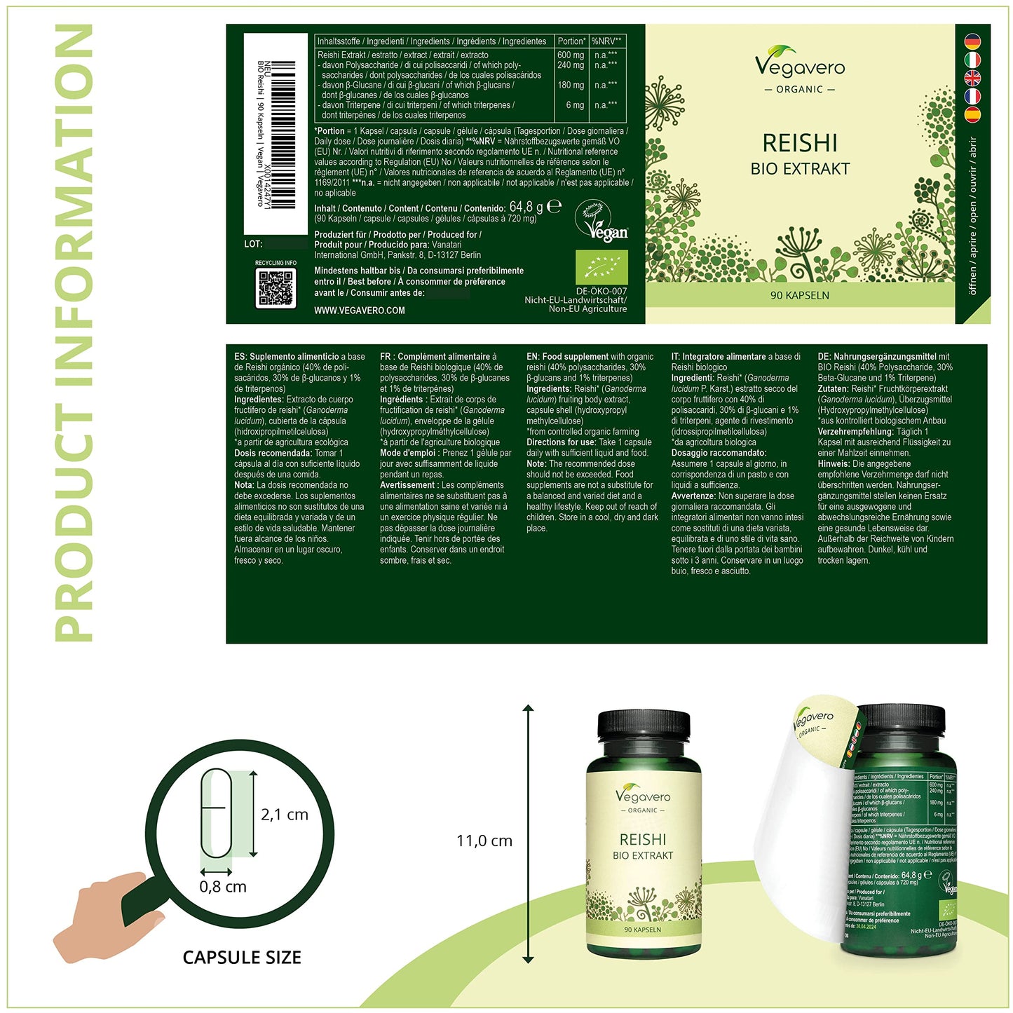 Organic Reishi Extract Vegavero® | 8400mg (14:1) Ganoderma Lucidum | with Polysaccharides & Beta Glucans | Mushroom Extract Powder | 90 Capsules | Vegan