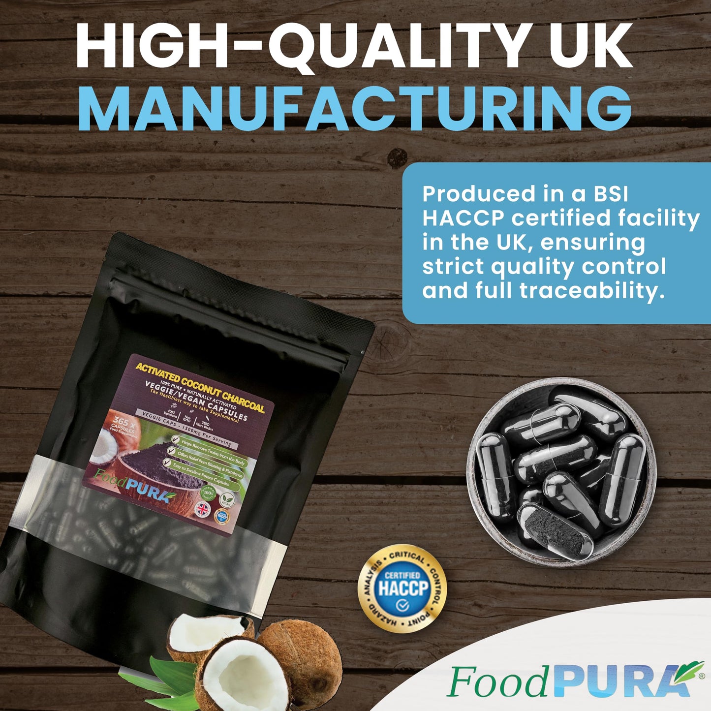 FoodPURA Coconut Activated Charcoal Capsules 1500mg x 365 100% Natural Vegan Digestive Supplement Reduces Bloating & Flatulence After Eating (365)