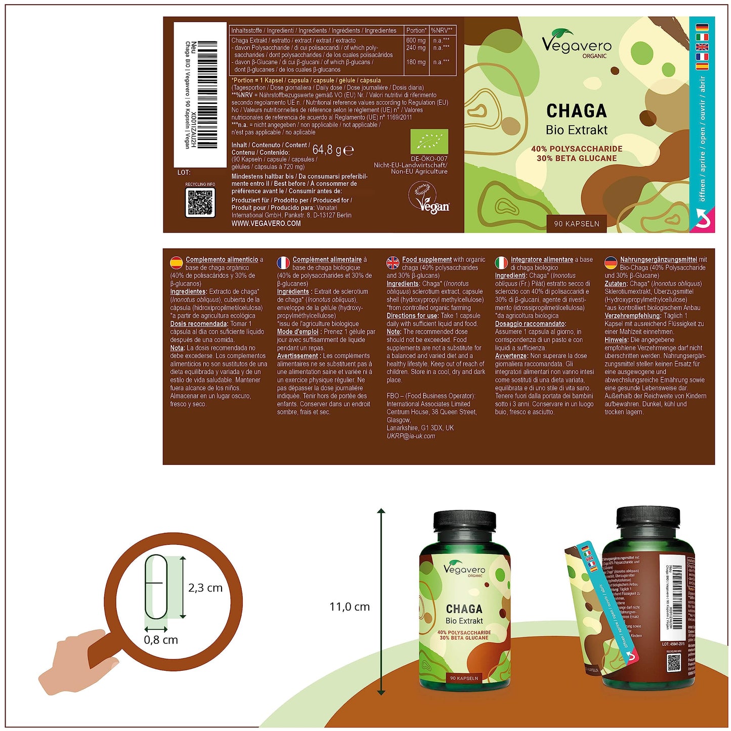 Organic Chaga Mushroom Extract Vegavero® | NO Additives | 600mg (10:1) with 40% Polysaccharides and 30% Betaglucans | 90 Capsules | Vegan