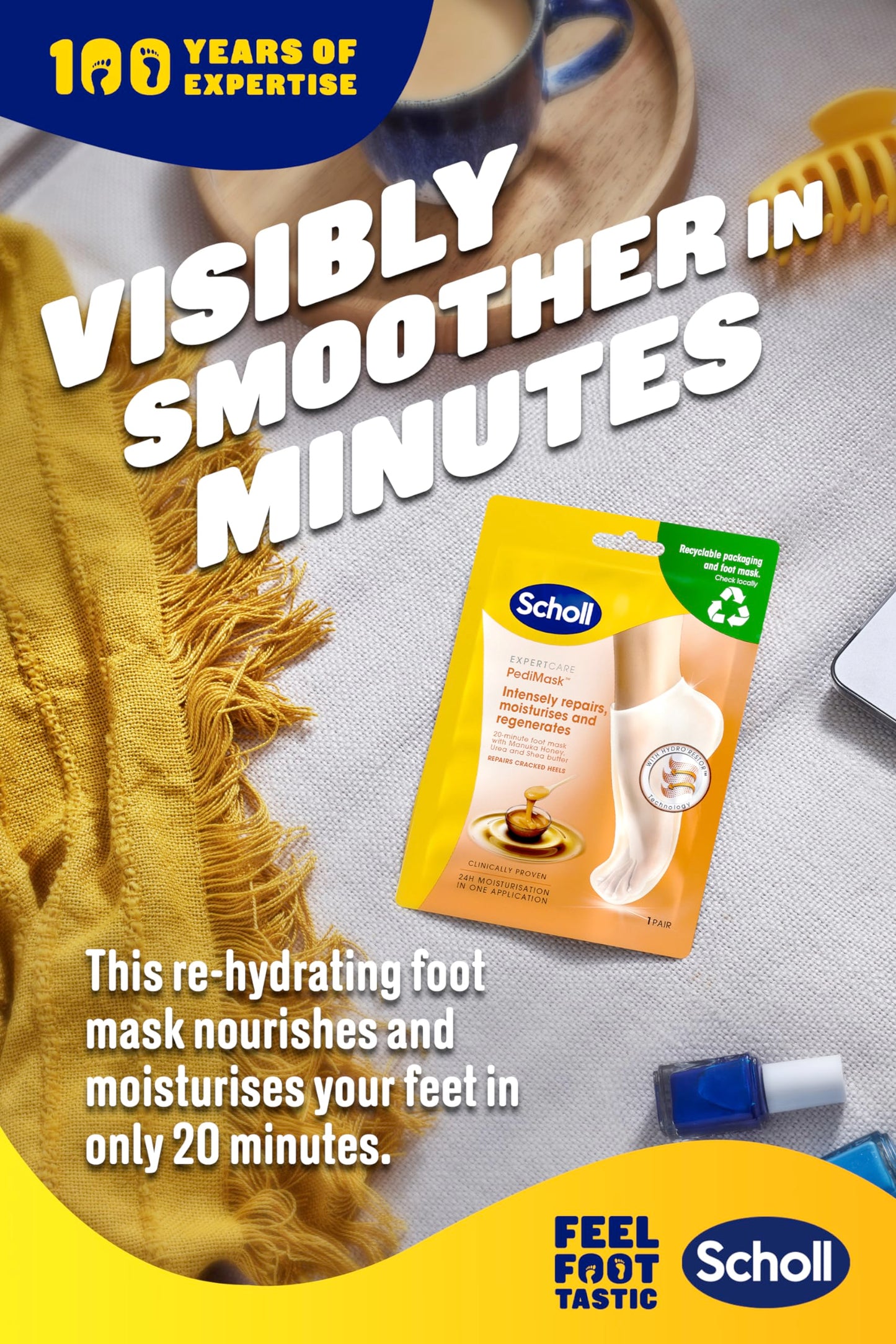 Scholl PediMask for Soft Feet, Deep Moisturising Pedicure Foot Mask with Manuka Honey, Urea and Shea Butter, Clinically Proven for Softer Feet