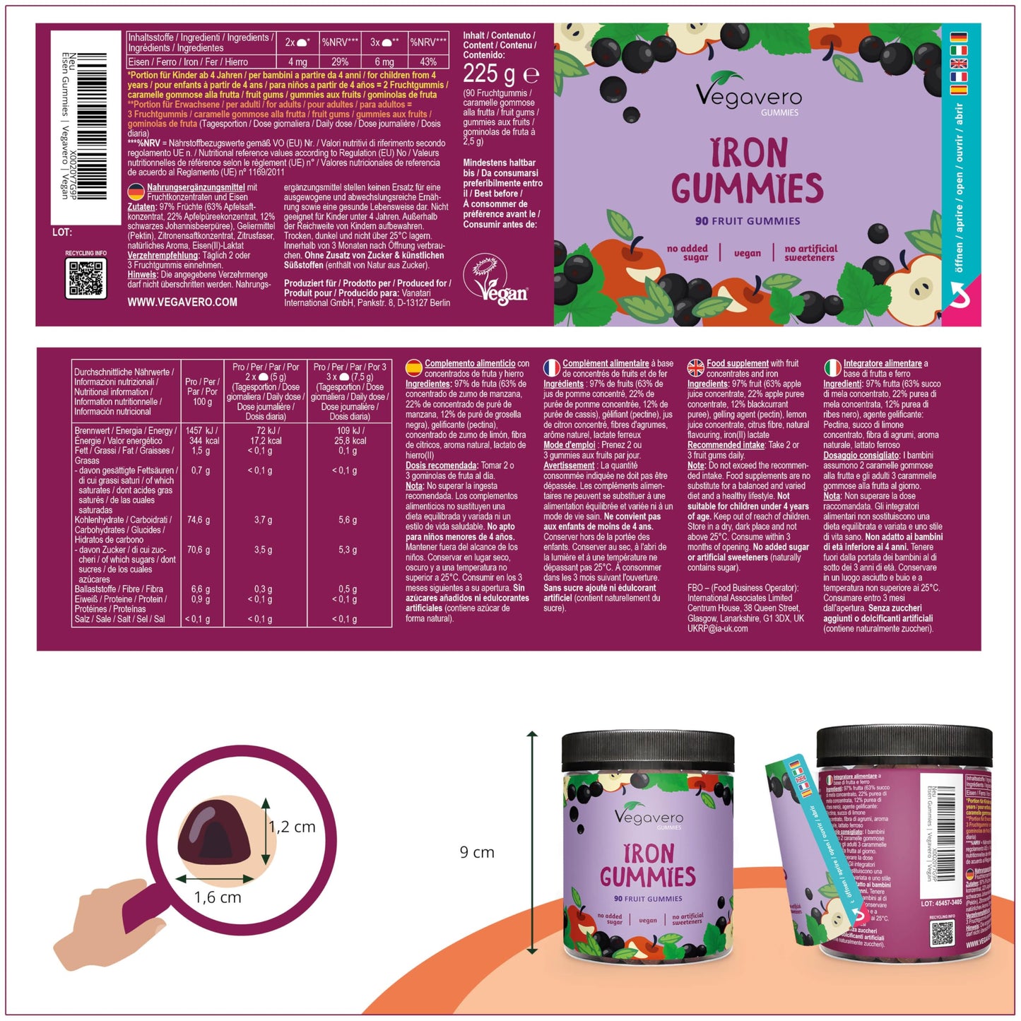 Vegavero Iron Gummies for Kids and Adults | 97% Fruit | Immunity & Energy Supplements | NO Sweeteners | NO Added Sugar or Gelatine | Vegan | 90 Gummies