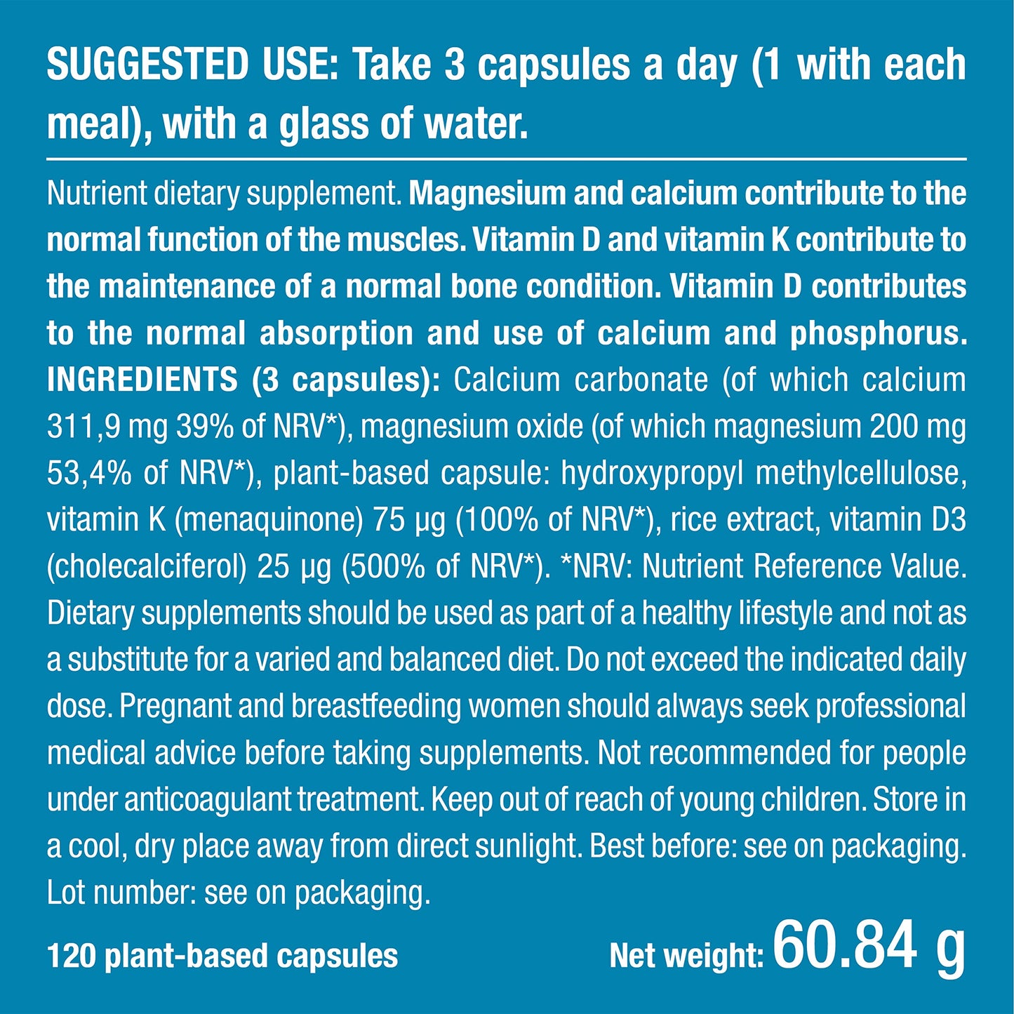 Calcium Magnesium Vitamin D3 & K2 | 120 Vegetarian Capsules | Bone Health Complex | Strengthens Bones and Muscles | Supports Bone Density | French Expertise