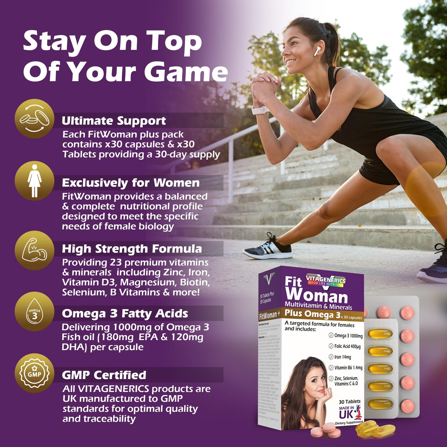 VitaGenerics VITAGENERICS FitWoman Multivitamin & Minerals Plus Omega 3, 30 Tablets Plus 30 Capsules, with Zinc, Iron & B Vitamins, Made in UK