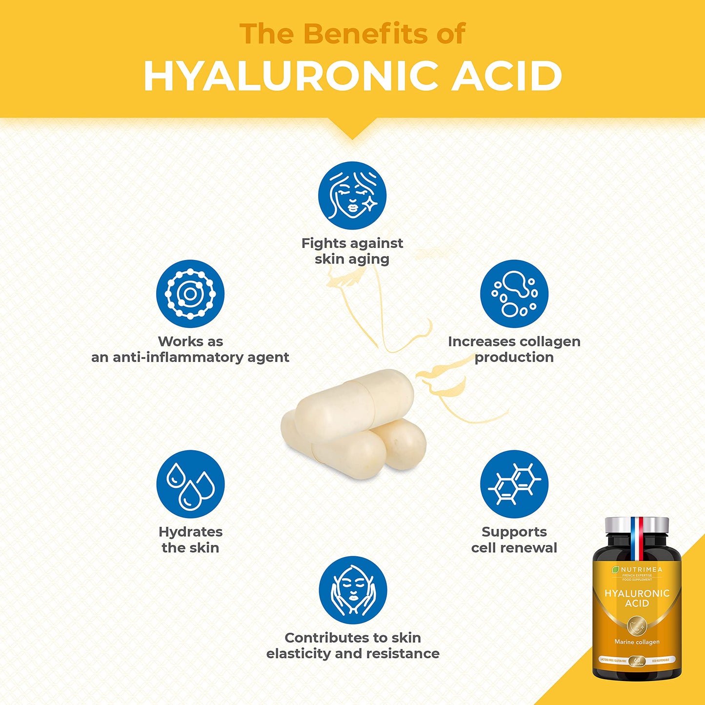 Hyaluronic Acid & Marine Collagen - Enriched with Vitamins A & C - Natural Anti-Wrinkle, Restructure Skin, Protect Joints and Anti-Aging - New Formula - Plant-Based Capsules - French Expertise