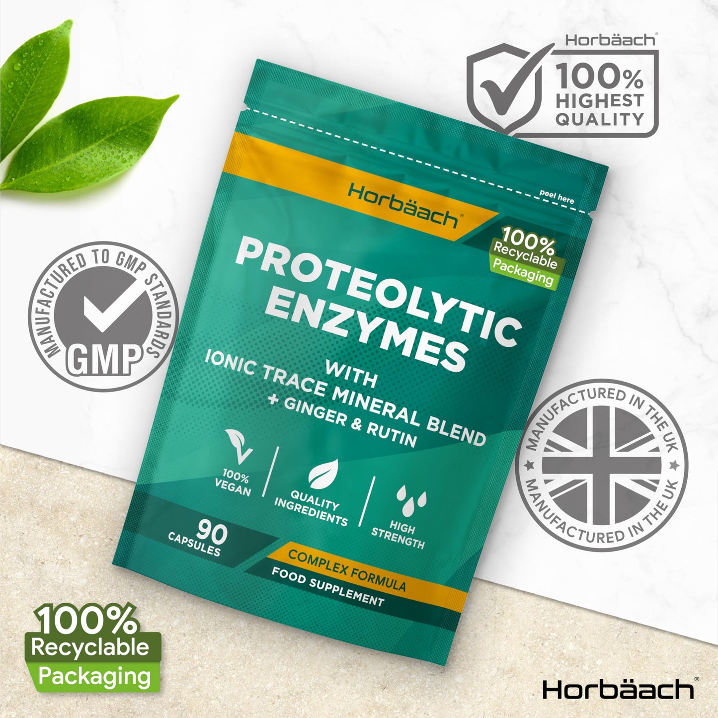 Proteolytic Enzymes Complex with Trace Minerals | 90 Vegan Capsules | Digestive Enzyme Supplement with Papain, Bromelain, Ginger, Selenium, Zinc & More! | by Horbaach