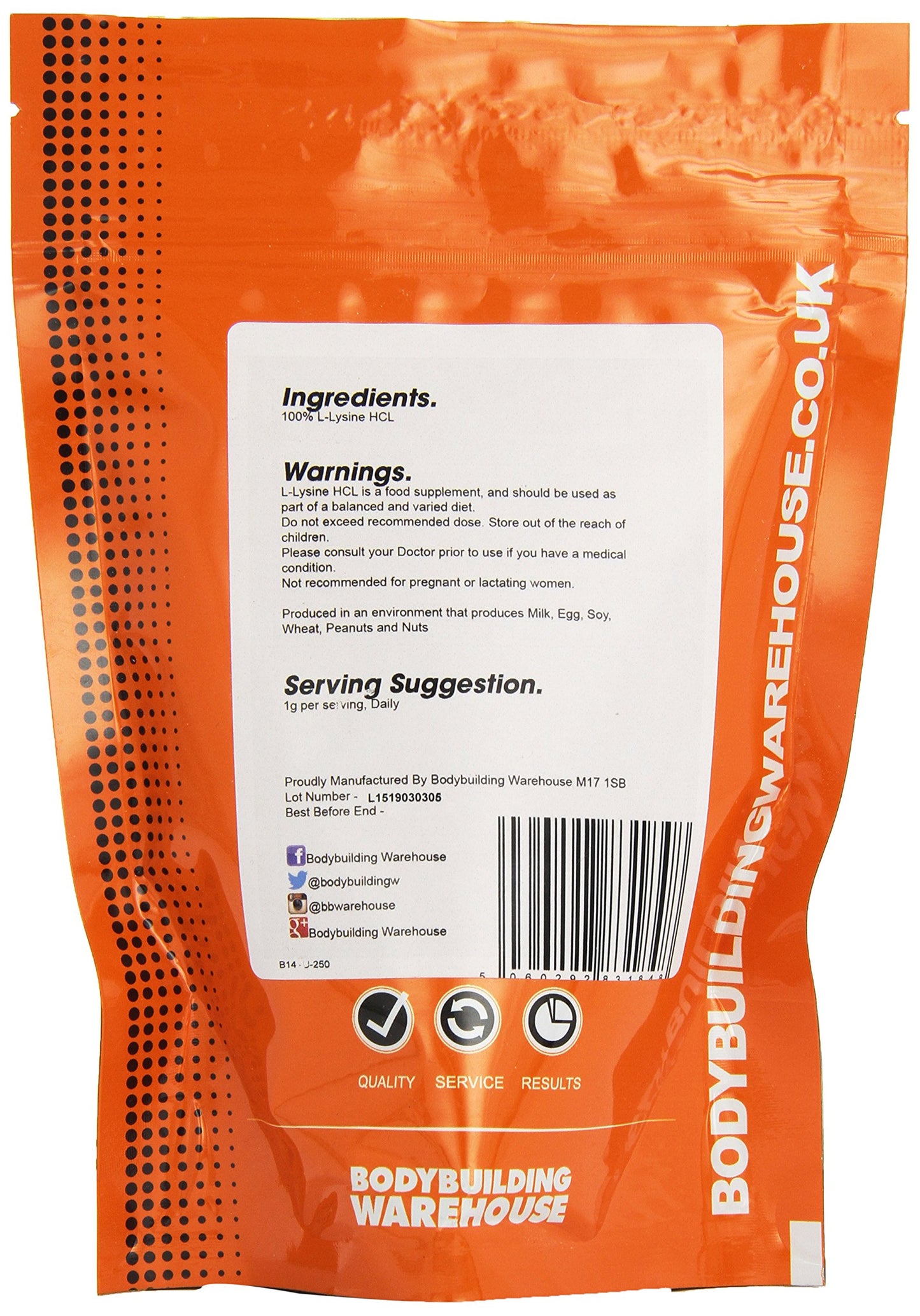 Bodybuilding Warehouse, Pure L-Lysine Powder - Collagen Boost & Joint Support - Unflavoured 250g