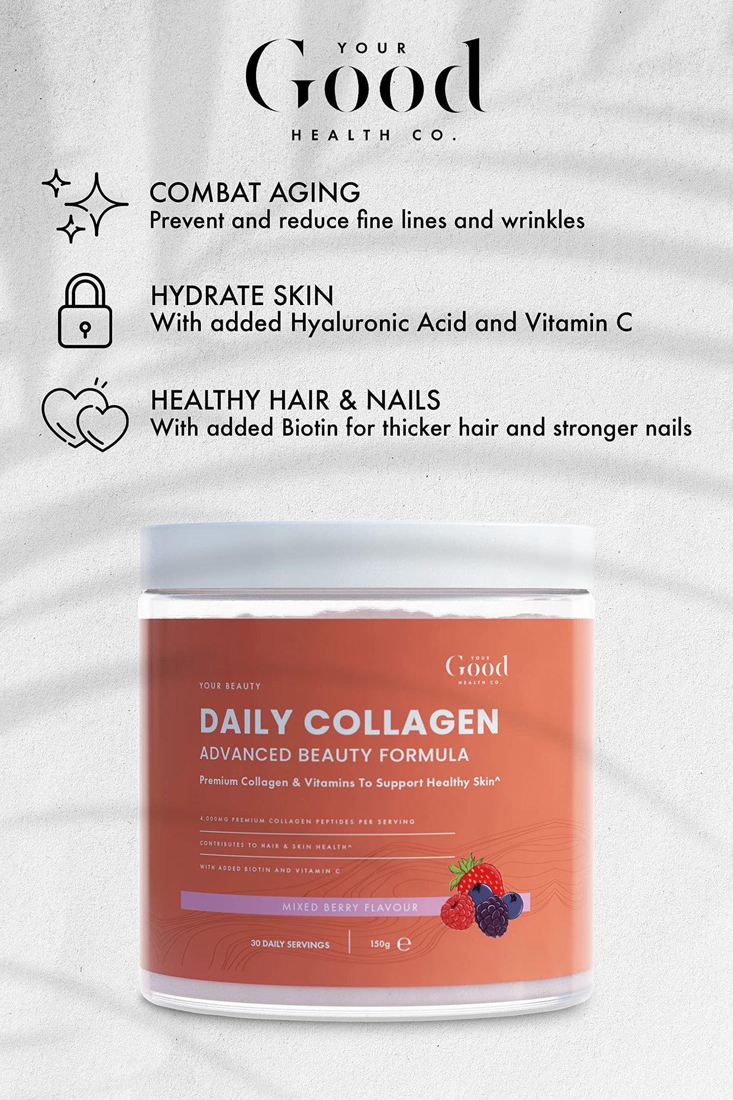 Your Good Health Co. – Your Beauty Premium Collagen Powder, Mixed Berry | 150g | 4,000mg Bovine Peptides | Vitamin C, Biotin – Supports Hair, Skin and Nails | 30 Day Supply