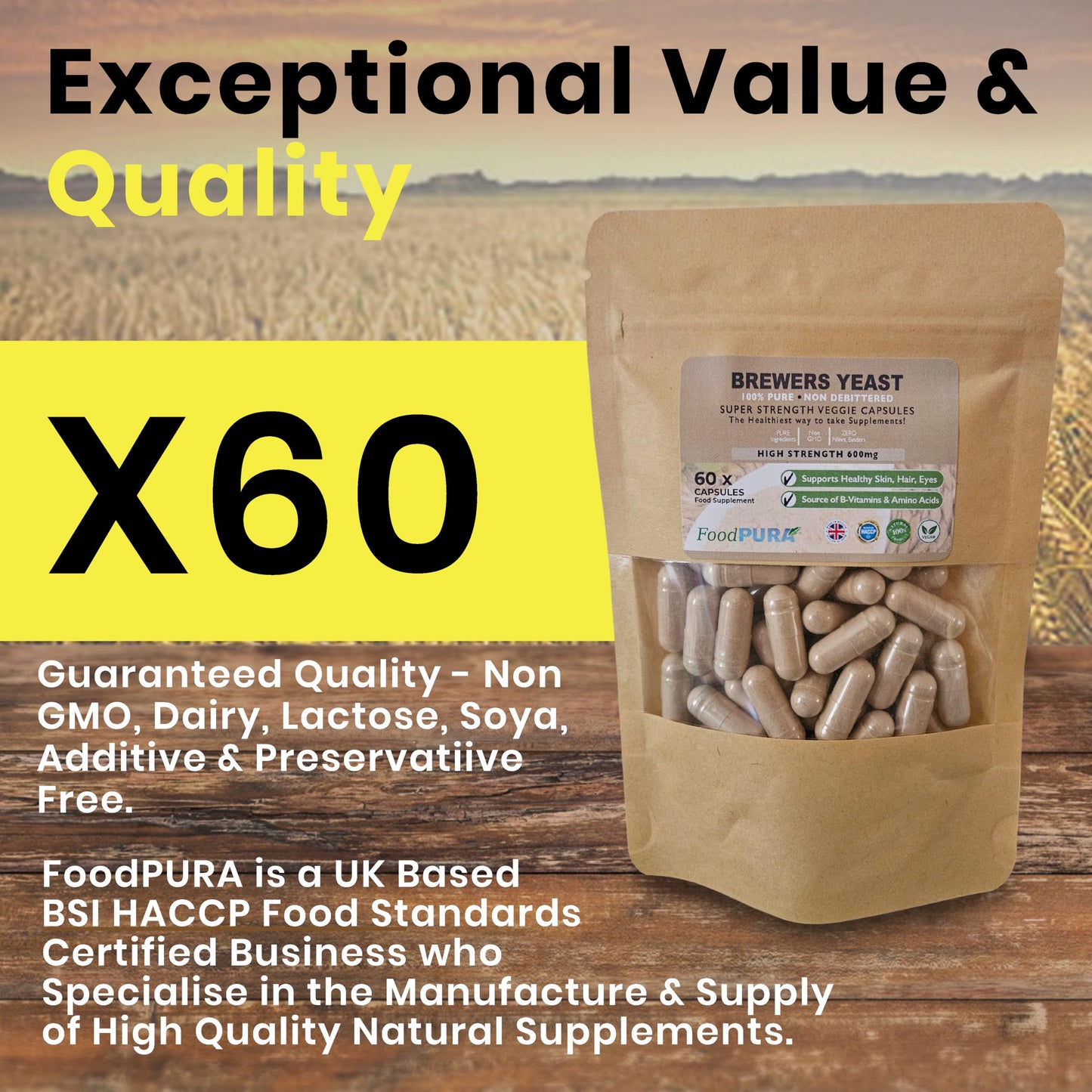 FoodPURA 60 x 600mg Brewers Yeast Capsules 100% Pure & Natural Not Debittered HACCP Certified Manufactured in The UK