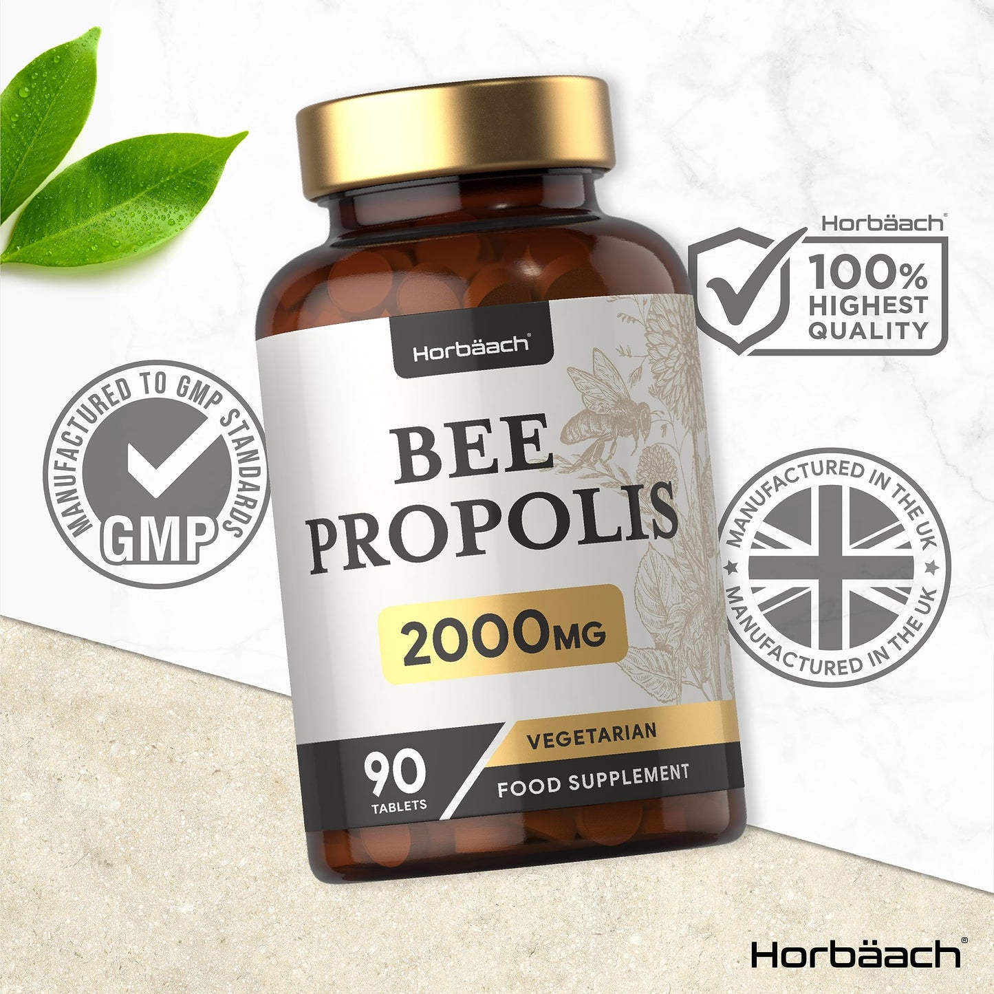 Bee Propolis Tablets | 2000mg | 90 Vegetarian Tablets | No Artificial Preservatives | by Horbaach