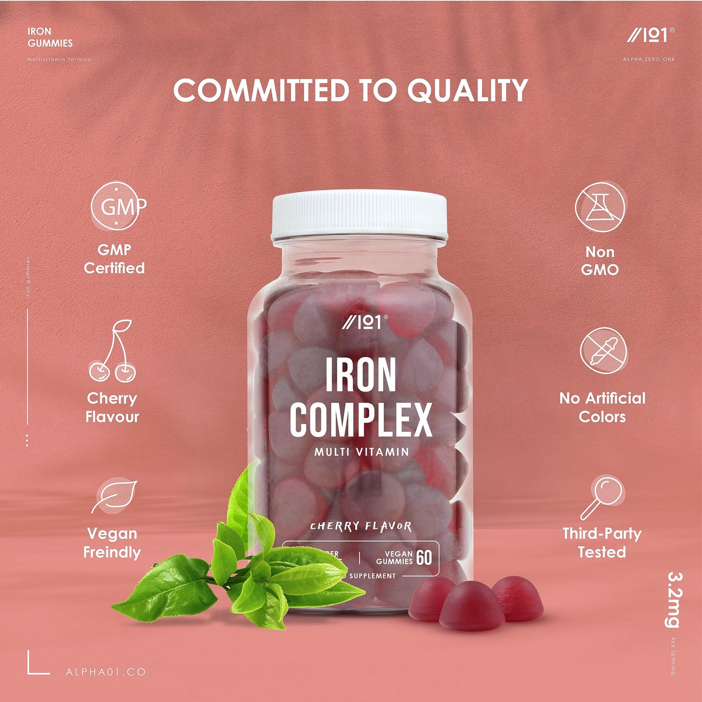 Iron Complex Gummies - 3200mcg - Potent Formula for Energy & Immunity, Made with Organic Tapioca, Cherry Flavour - Kosher, Halal, Non GMO - 60 Vegan Fruity Gummies