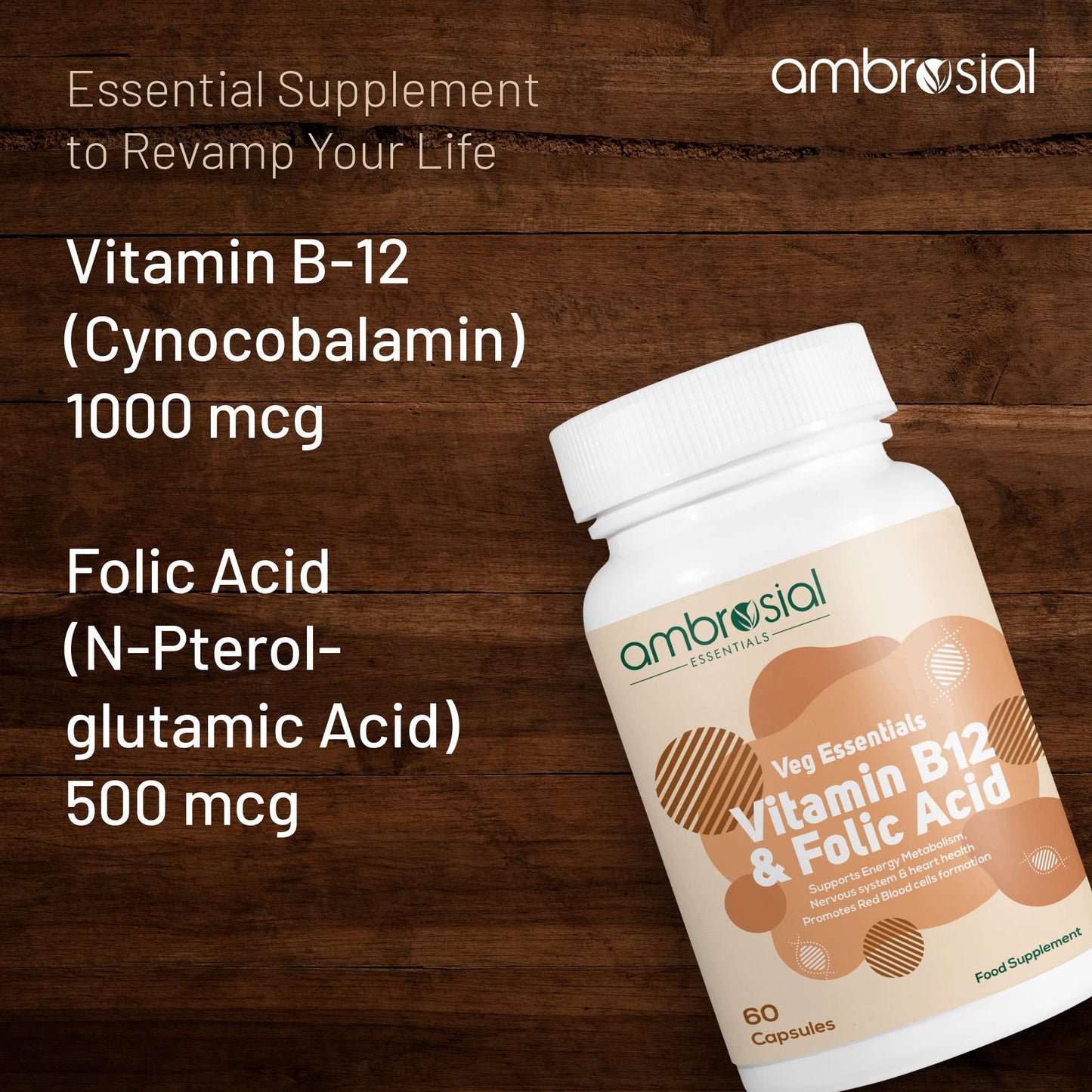 AMBROSIAL Ambrosial Vitamin B12 1000 mcg + 500 mcg Folic Acid | 1500 mcg | Folic Acid | Reduction of Tiredness & Fatigue | B12 Supplement | Immune System, Energy & Brain Support (Pack of 1-60 Capsules)