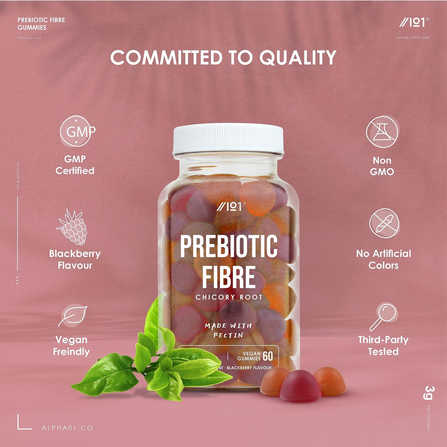 ALPHA01 Prebiotic Fibre Gummies - 3g - Chicory Root Inulin, BlackBerry, Strawberry & Peach Flavour - Kosher, Halal - 60 Vegan Gummies.