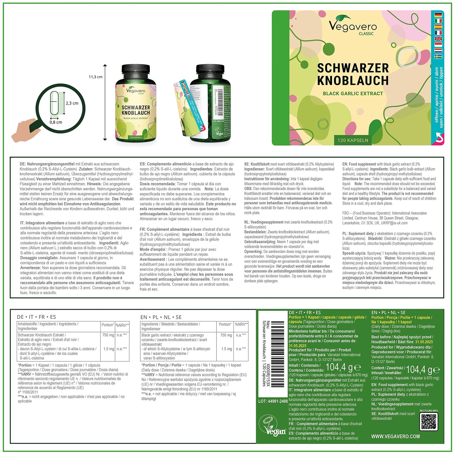 Black Garlic Vegavero® | 11250mg - High Strength 15:1 Extract | Standardised S-allylcysteine (SAC) Content | NO Additives, Lab-Tested | Fermented & Odourless | 120 Capsules | Vegan