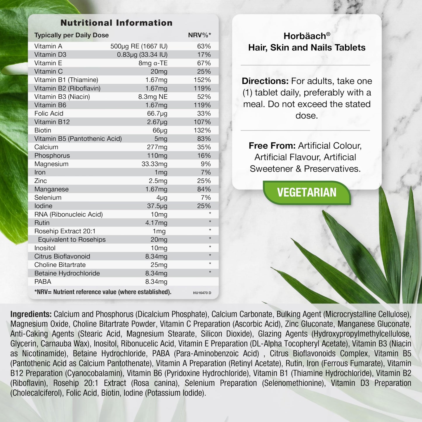 Hair Skin and Nails Vitamins | with Biotin, Zinc and Selenium | Beauty Supplement for Women and Men | 120 Vegetarian Tablets | by Horbaach