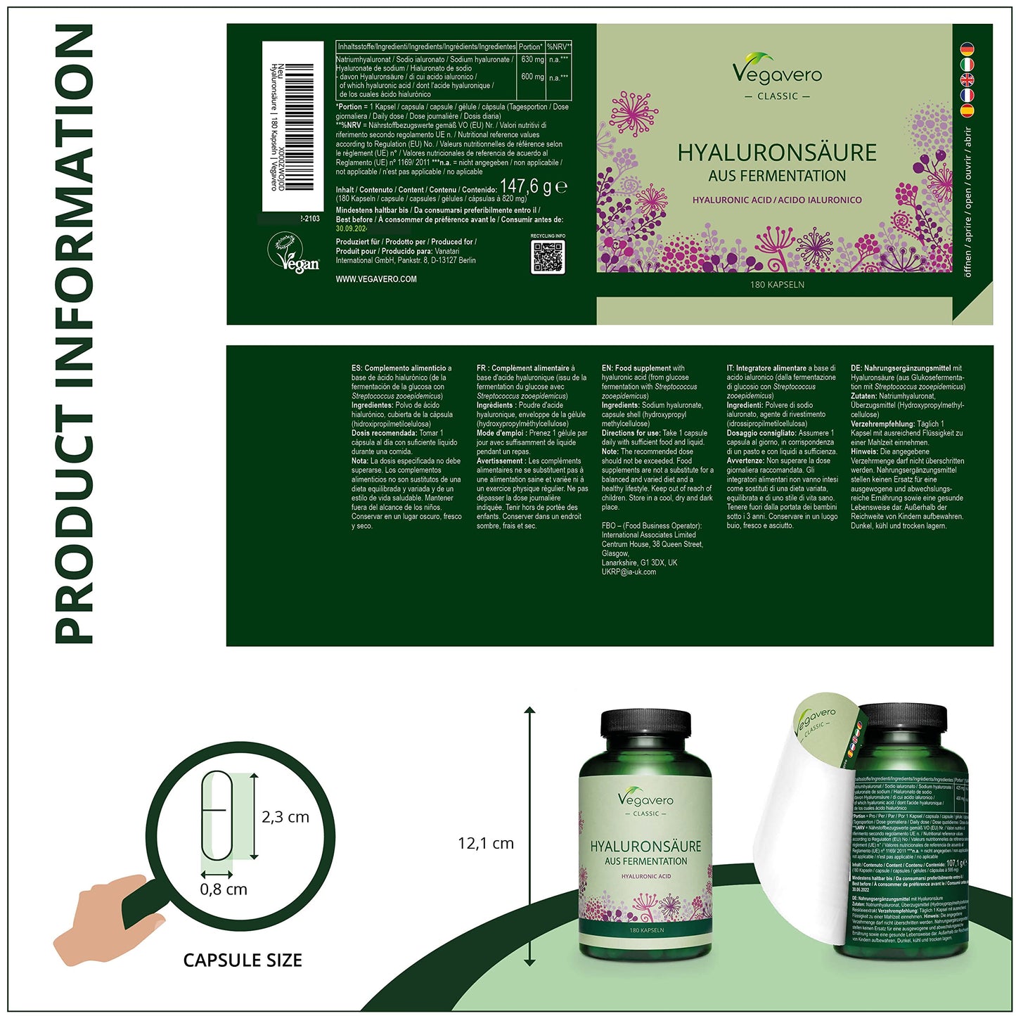 Hyaluronic Acid Supplements Vegavero® | NO Additives, Lab-Tested | High Strength 600mg with 800-1500 kDa | 180 Hyaluronic Acid Capsules (6 Months) | Vegan