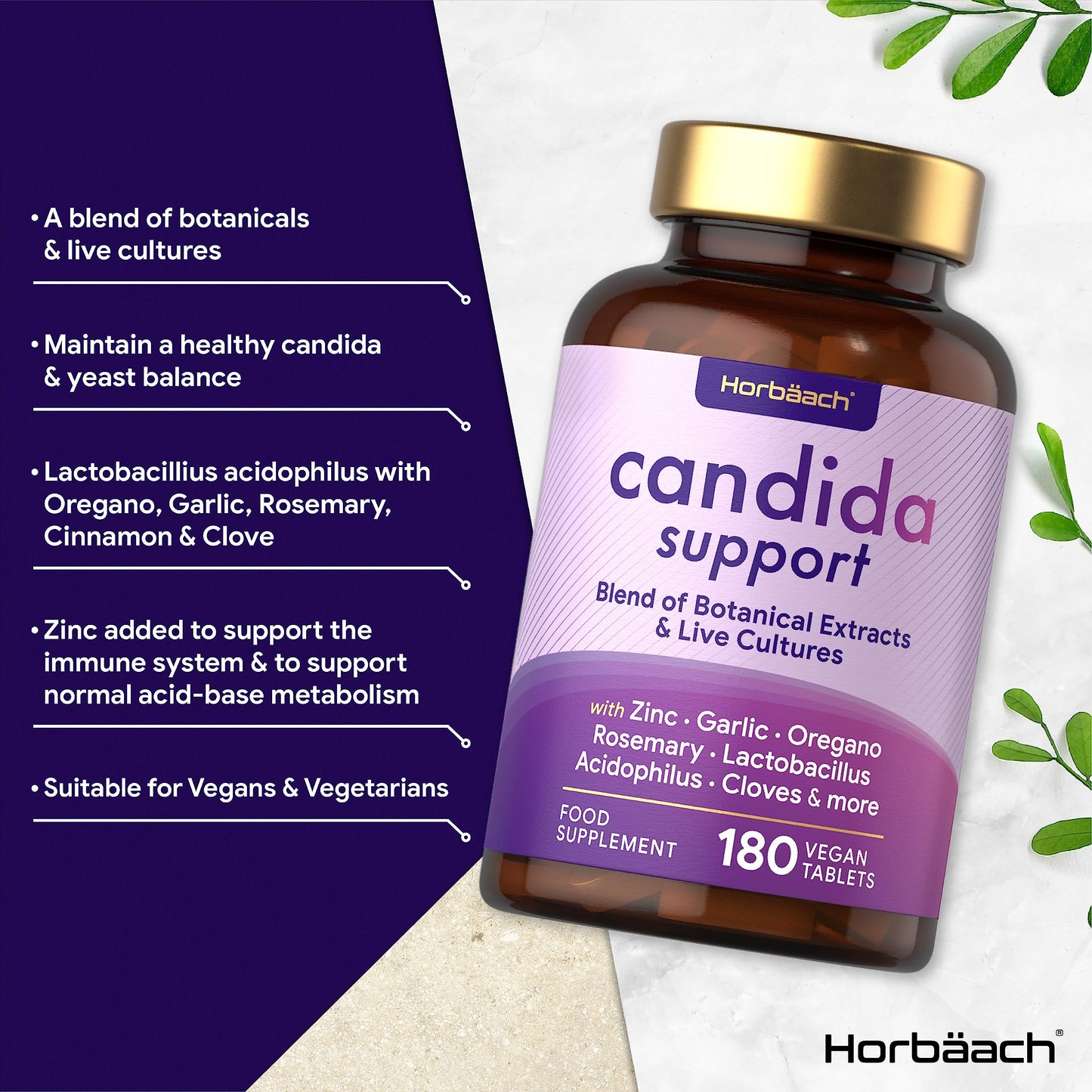 Candida Support | 1 Billion CFU | Botanical & Live Culture Formula with Oregano, Zinc, Garlic, Lactobacillus & More! | 180 Vegan Tablets | by Horbaach