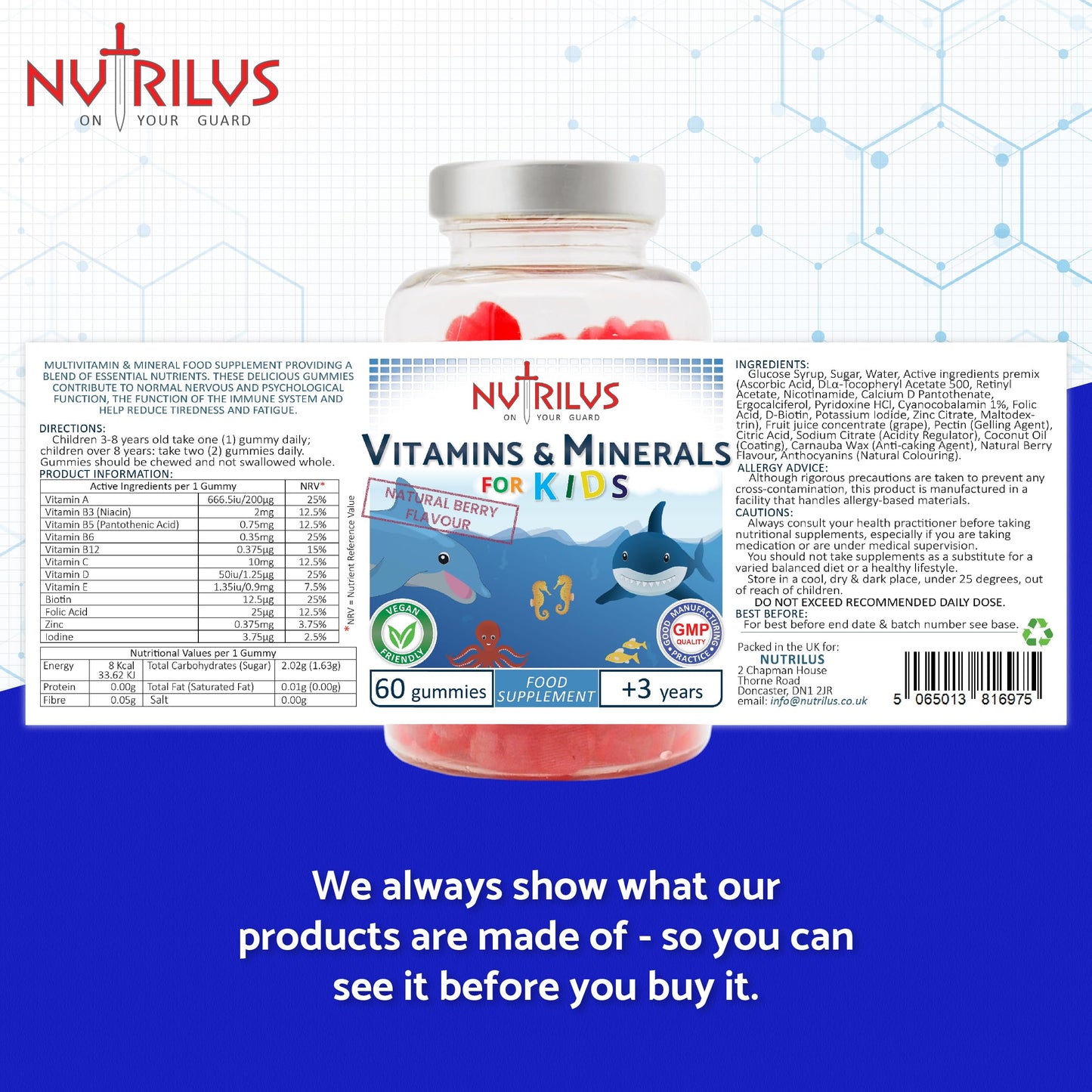 Nutrilus Vitamins & Minerals for Kids and Adults 60 Natural Berry Gummies – Multivitamin & Zinc & Iodine – Growth & Immune & Hormones