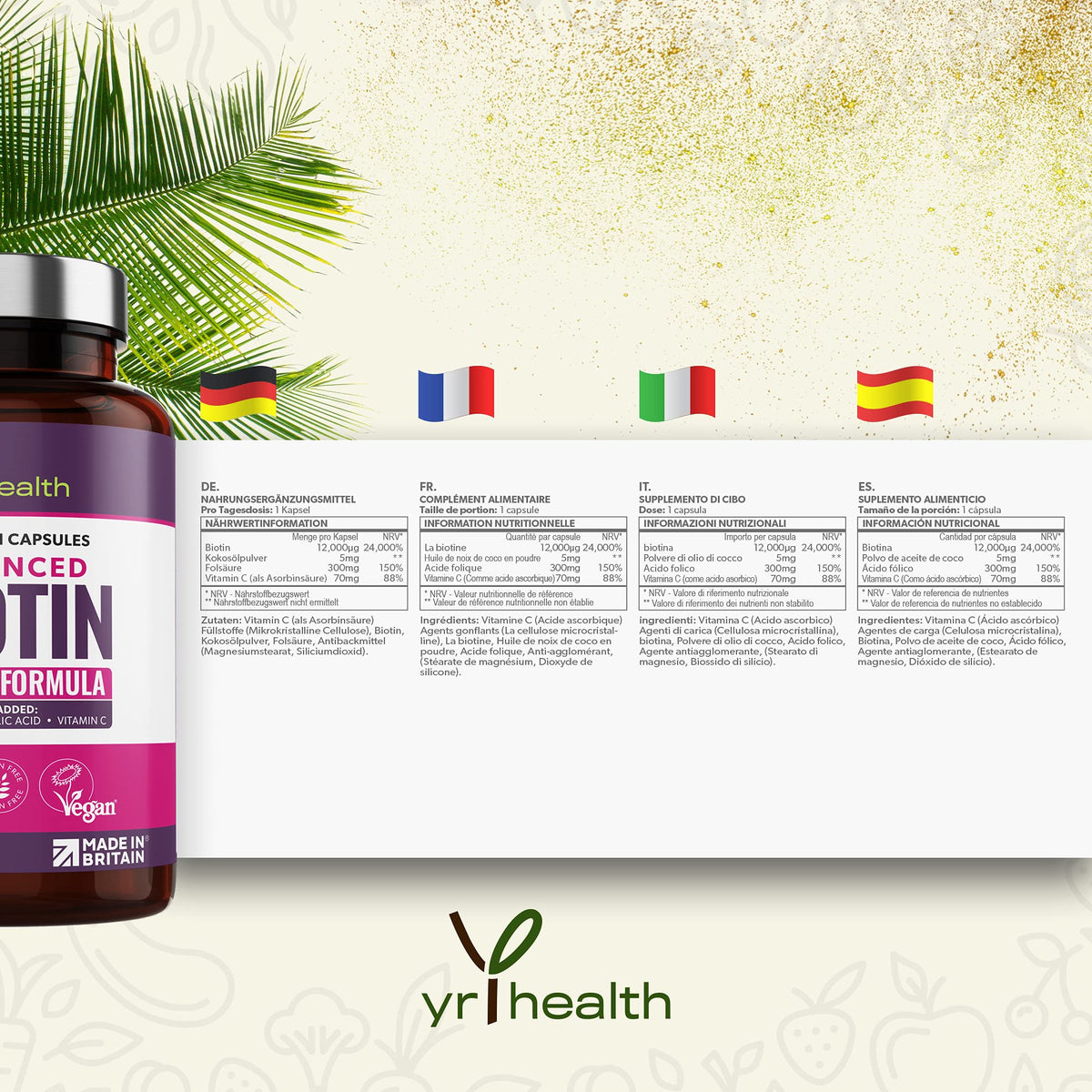 yrhealth Biotin Hair Growth Supplement 12,000mcg, 180 Vegan Capsules not Biotin Tablets for Hair Skin and Nails with Coconut Oil, Vitamin C & Folic Acid, Vitamin B7 for Men and Women - Made in UK by YrHealth