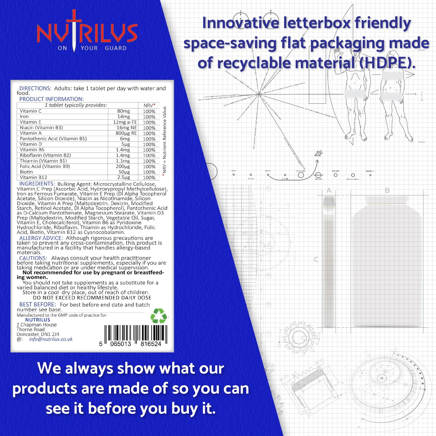 Nutrilus Multivitamin with Iron 180 Daily Tablets - High Strength Supplement - Vitamins A B C D E & Iron - Immune, Energy, Nervous System