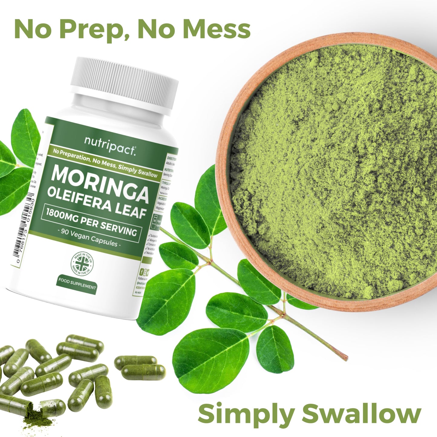 Nutripact Moringa Oleifera Capsules - 1800mg per Serving - Pure Moringa Powder Supplement (not Tablets) - 90 Vegan Caps - High Strength Moringa