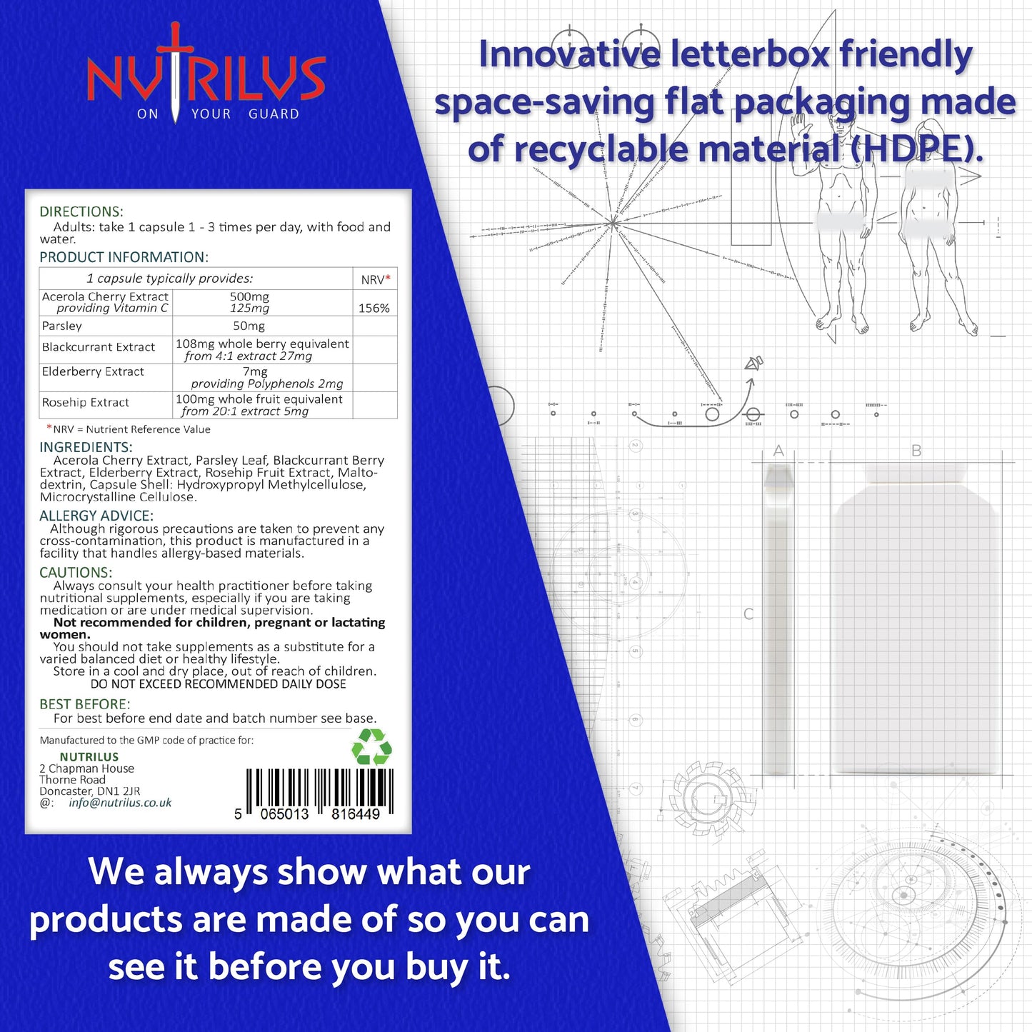 Nutrilus Natural Vitamin C Capsules from Acerola Cherry 500mg Extract - High Bioavailability Supplement - not Ascorbic Acid - Fruit and Herbs Extracts - not Tablets