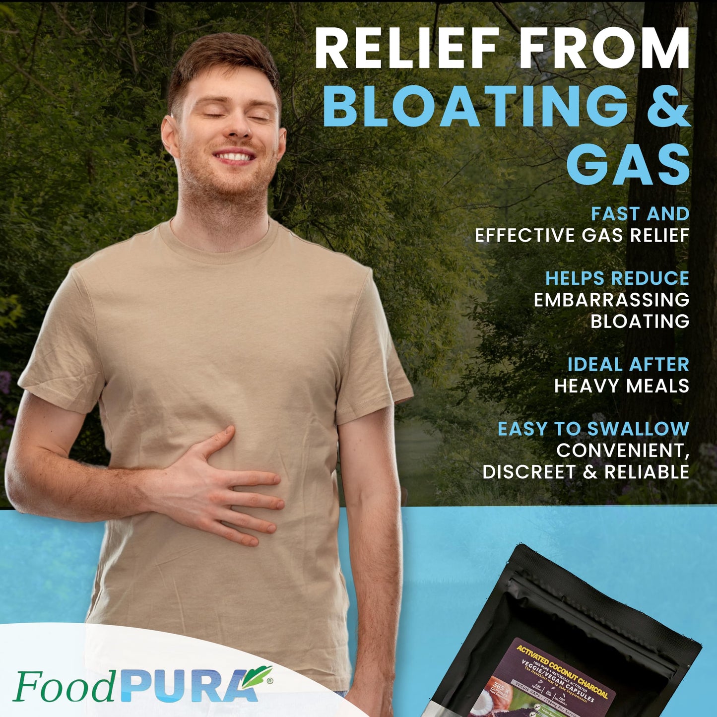 FoodPURA Coconut Activated Charcoal Capsules 1500mg x 365 100% Natural Vegan Digestive Supplement Reduces Bloating & Flatulence After Eating (365)