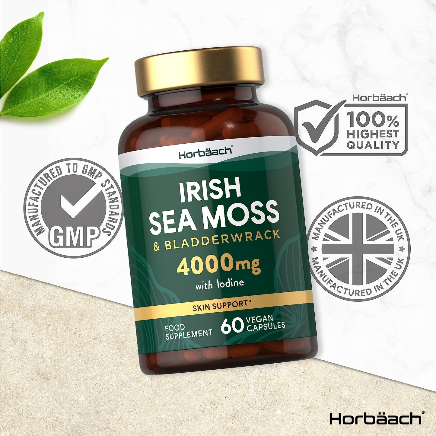 Irish Sea Moss and Bladderwrack Capsules 4000mg | 60 Capsules | Complex with Iodine | by Horbaach