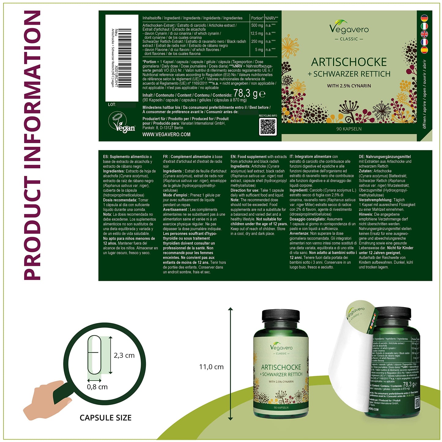 Artichoke & Black Radish Vegavero® | with 2.5% Cynarine & 2% Flavones | Liver & Digestion | 500mg Artichoke Extract, 250mg Black Radish Extract | NO Additives, Lab-Tested | 90 Capsules | Vegan