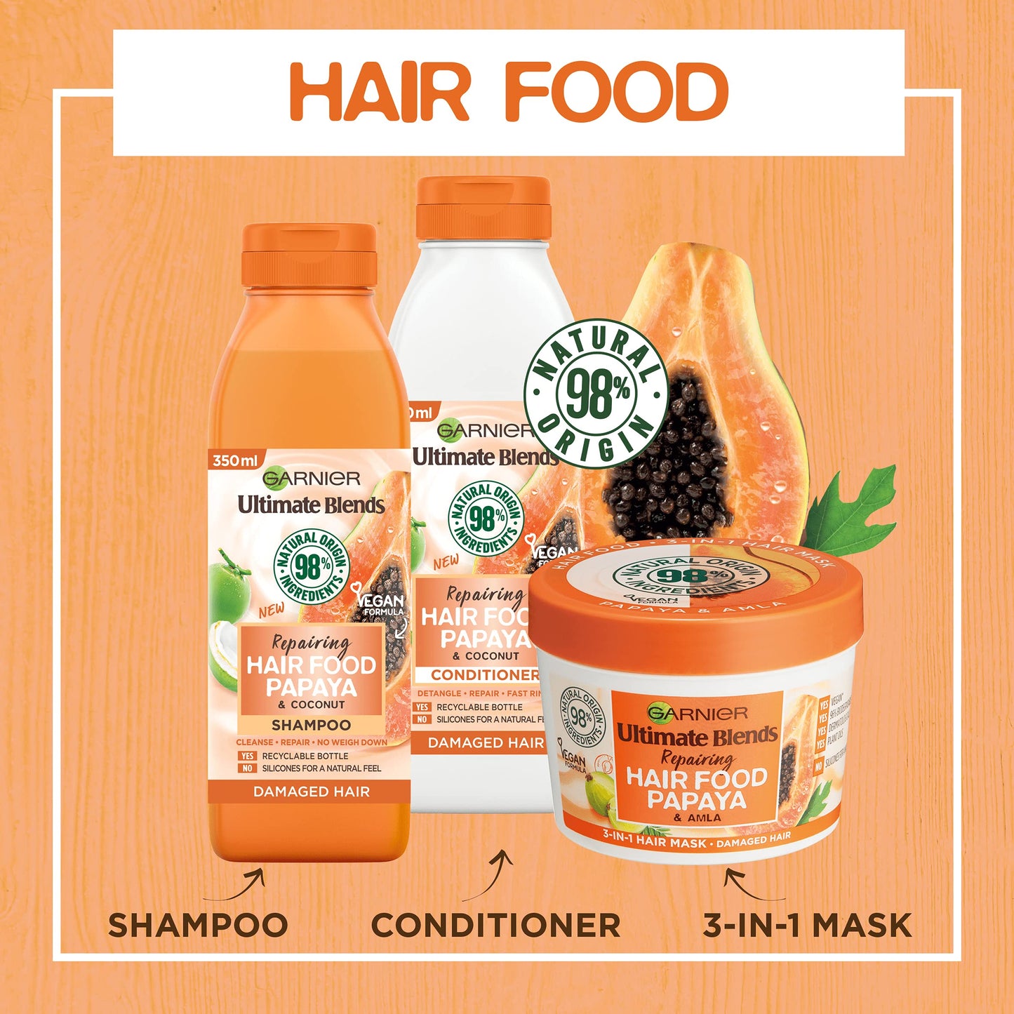 Garnier Ultimate Blends Hair Food, Papaya 3-in-1 Damaged Hair Mask Treatment, 400ml