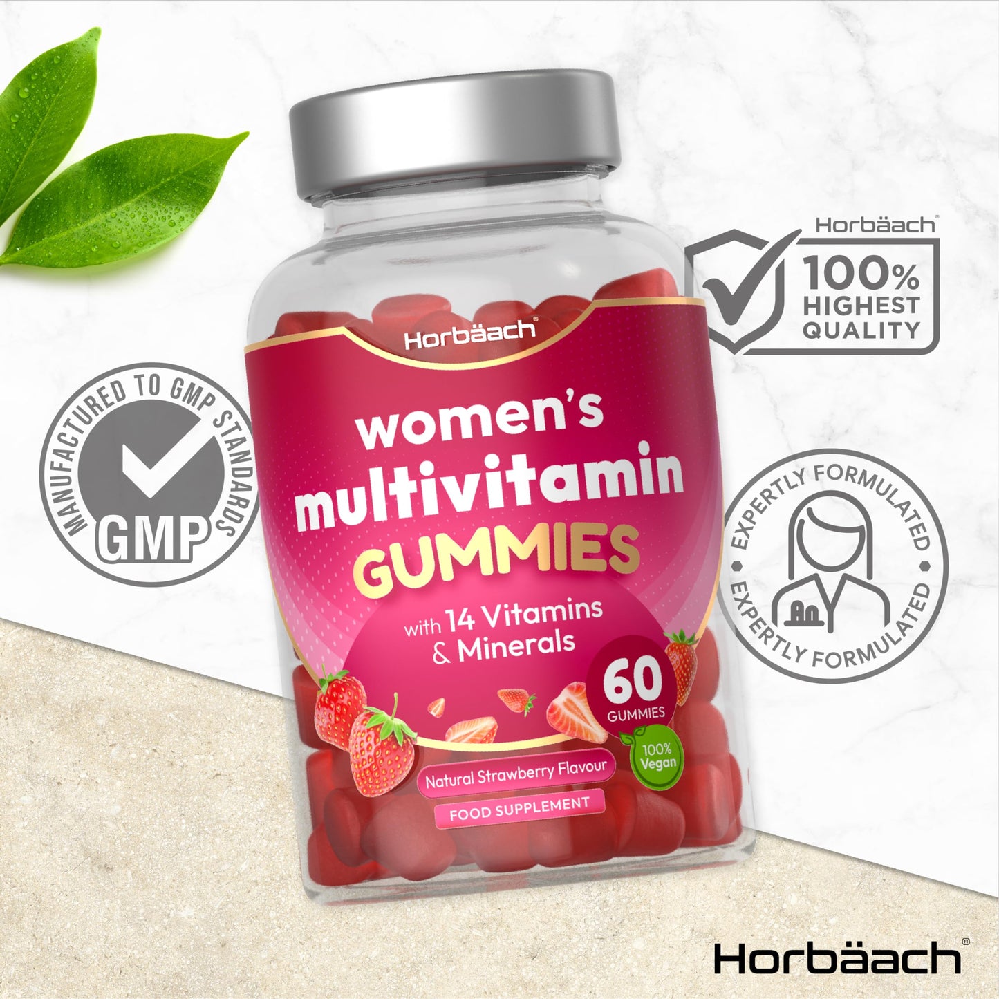 Multivitamin Gummies for Women | 14 Multivitamins and Minerals | with Biotin, Zinc, Vitamin C & More! | Hair, Skin and Nails Vitamins | 60 Vegan Gummies - Natural Strawberry Flavour | by Horbaach