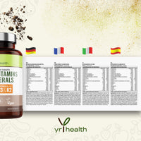 Vegan Multivitamins & Minerals with Vitamin B12, D3 & K2, Zinc and Iron, 180 Vegan Society Registered Tablets for Men and Woman, 6 Month Supply - Made in The UK by YrHealth
