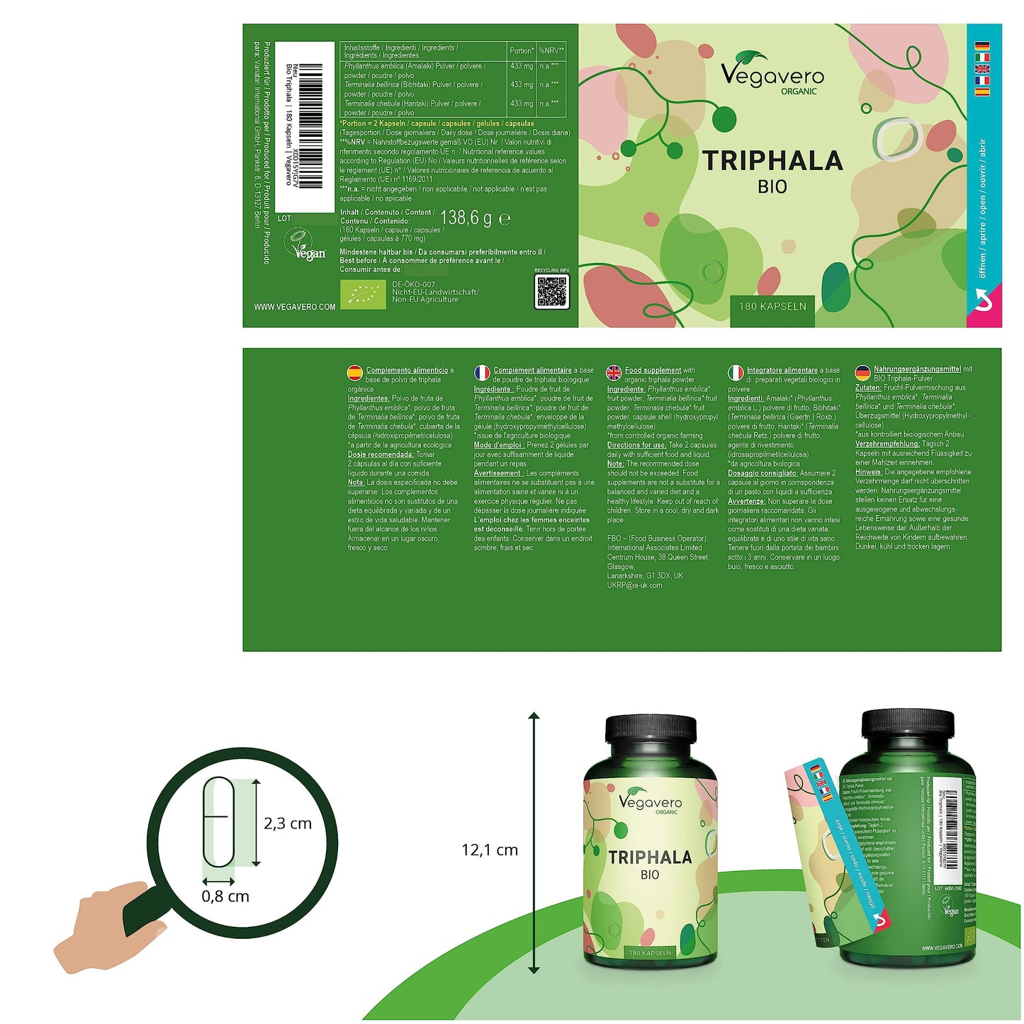 Pure Triphala Powder Organic Vegavero® 1300mg | 180 Capsules (3 Month Supply) | NO Additives, Lab-Tested | Ayurveda Products | Gut Health Supplements & Immune System Booster | Vegan