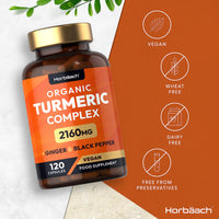 Organic Turmeric and Black Pepper Capsules | 2160mg | High Strength Curcumin with Ginger | 120 Vegan Capsules | by Horbaach