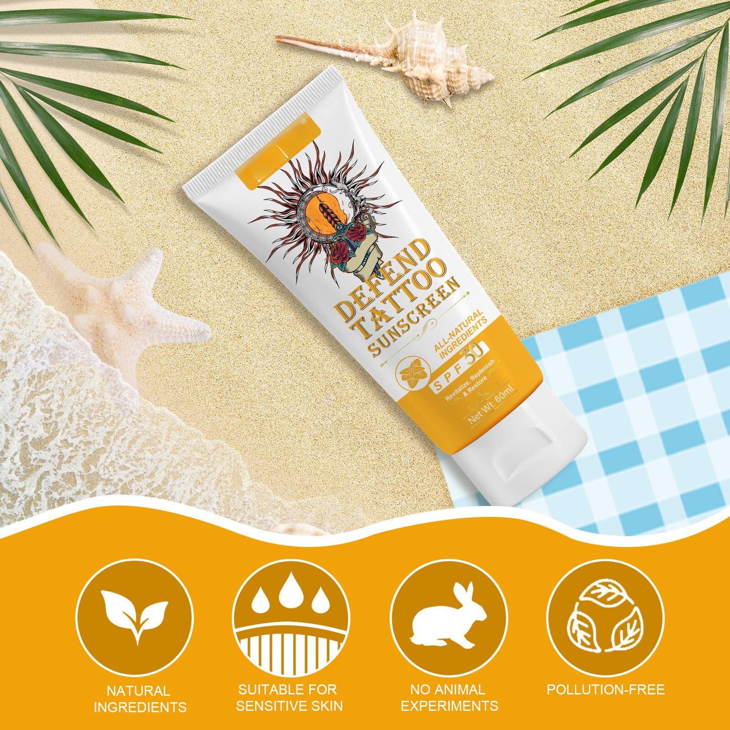 Trendyfave Tattoo Care Sunscreen - Tattoo Sun Cream Spf 30, Tattoo Sun Protection, Very Water+Sweat Resistant Natural Sunscreen, Tattoo Aftercare Suncream Lotion,Tattoo Fade Protection, 60ml