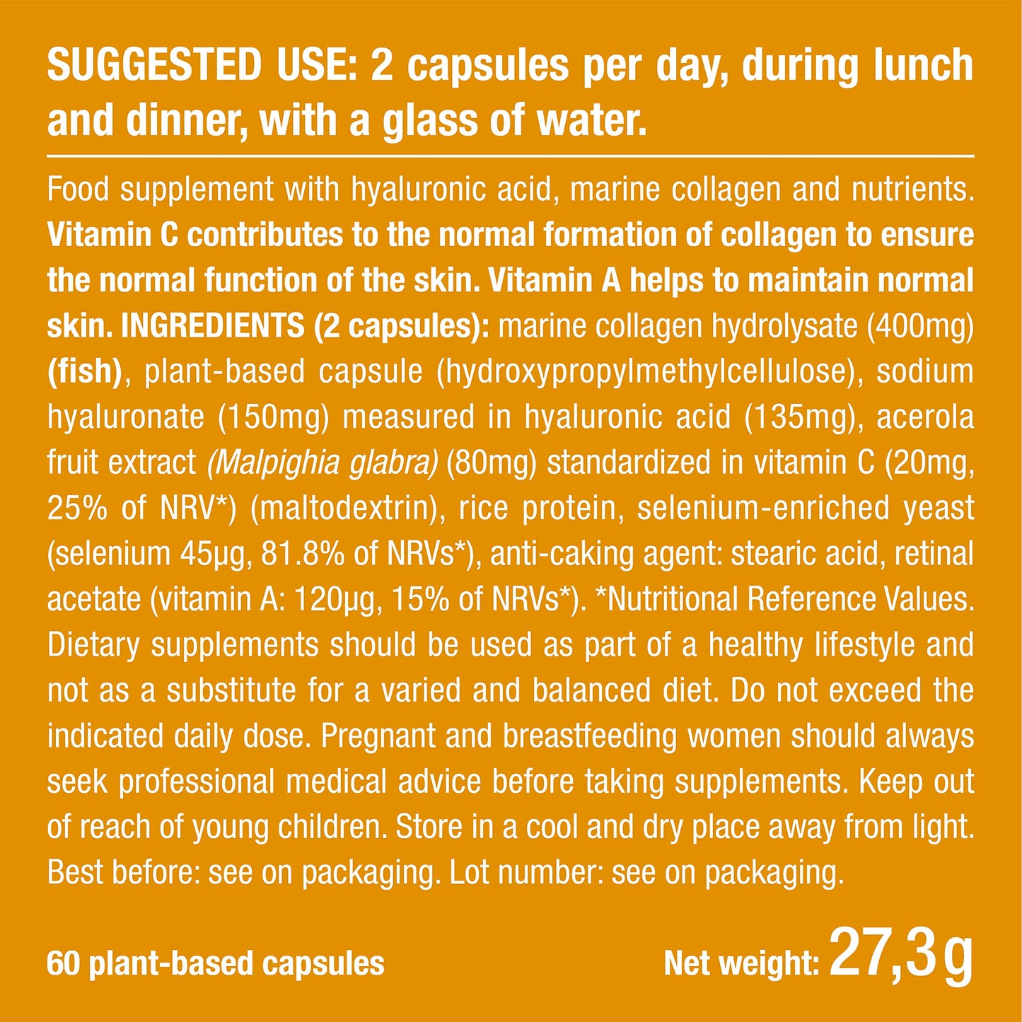 Laboratoires Nutrimea Hyaluronic Acid & Marine Collagen - Enriched with Vitamins A & C - New Formula - 60 Plant-Based Capsules - GMO-Free - Gluten Free - Lactose Free - French Expertise