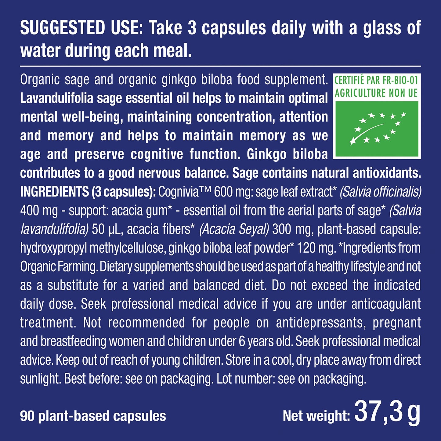 Plastimea Memory Complex & Concentration - with Patented Cognivia Extract - Boosts Cerebral Performance - Ginkgo Biloba & Sage - Organic Focus - 90 Vegan Capsules - Nutrimea - Made in France