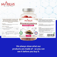 Nutrilus Ashwagandha Root Extract Gummies 600mg – 1200mg per Serving - High Strength – 5% Withanolides – Natural Flavour Vegan Gummy Supplement (60 Gummies)