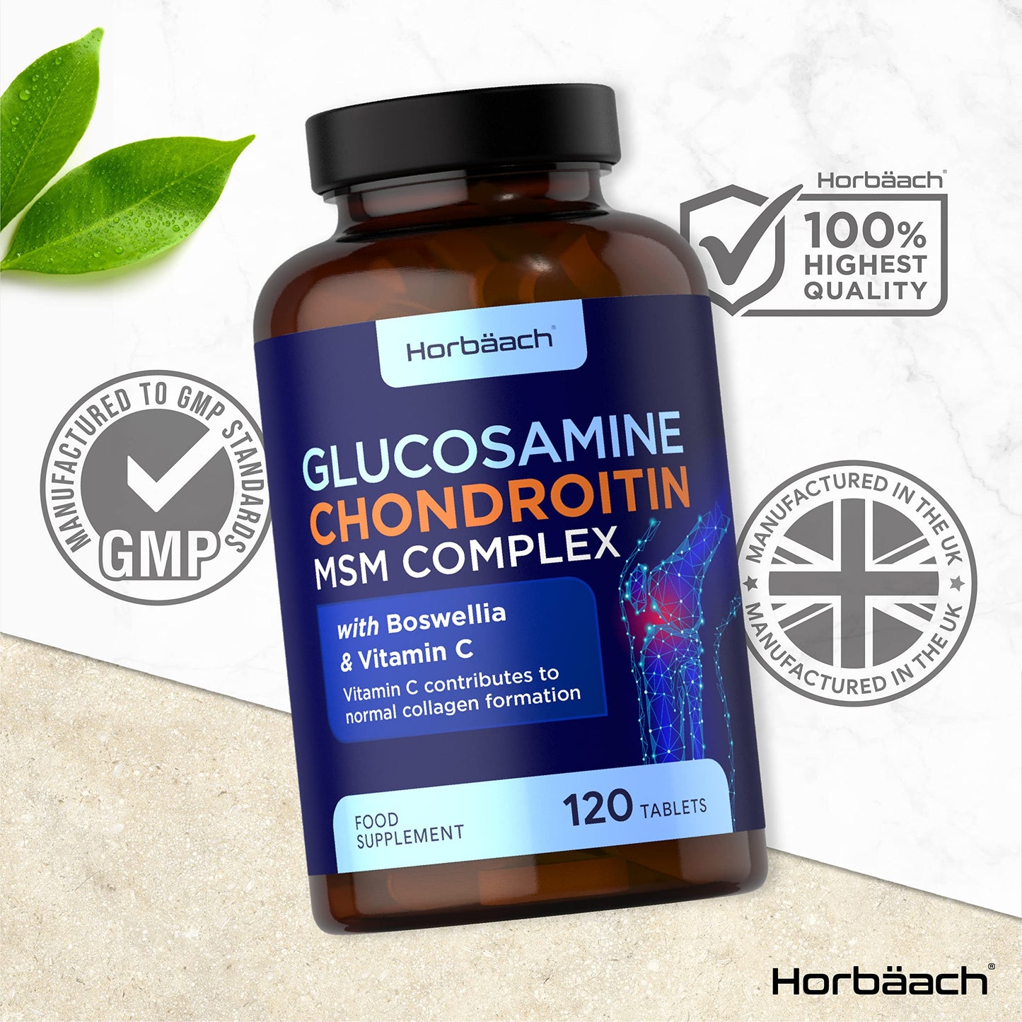 Glucosamine and Chondroitin MSM Complex | 120 Tablets | High Strength Supplement with Boswellia and Vitamin C | for Collagen Formulation | by Horbaach