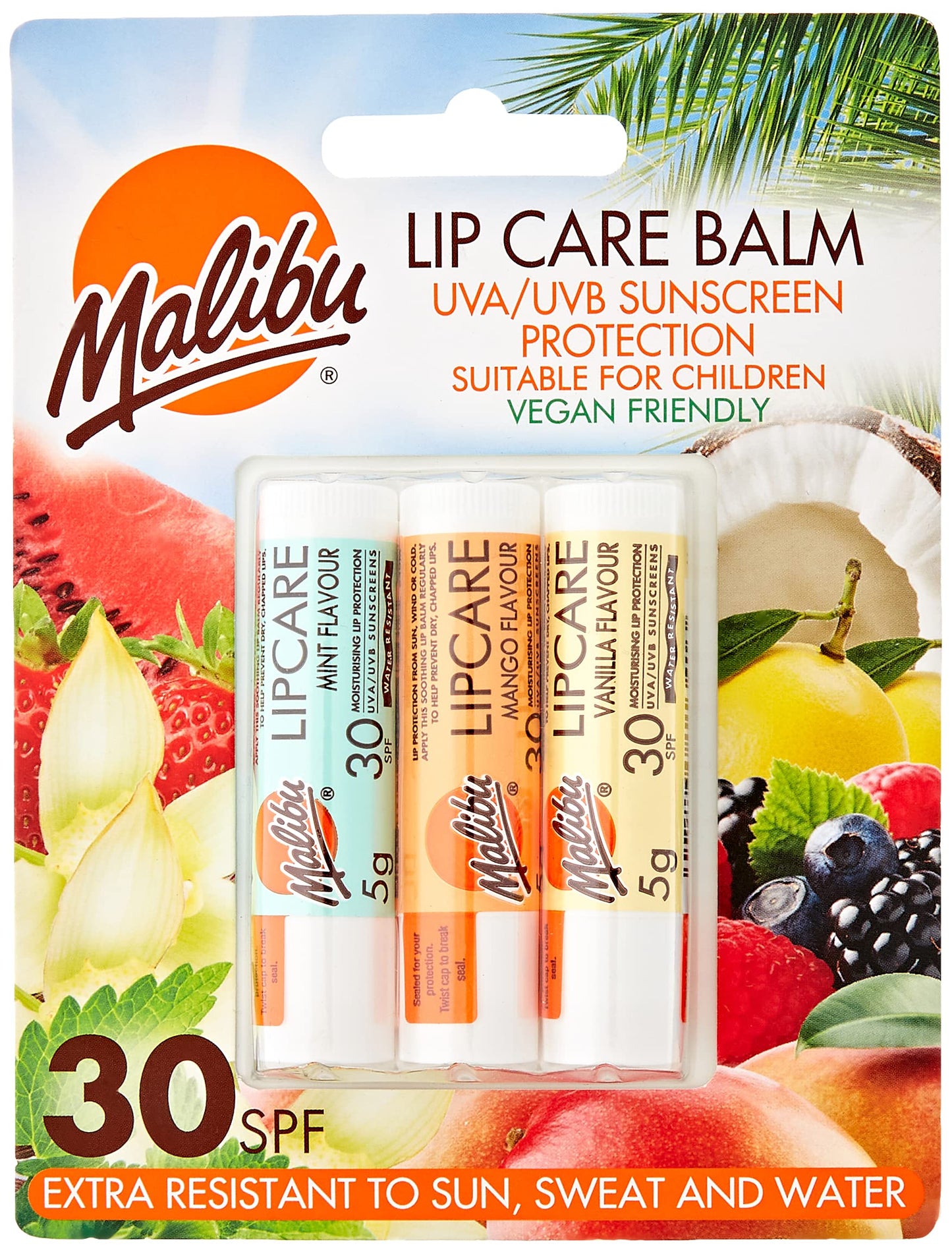 Malibu Blister Lipbalm with SPF30, Mint/Mango/Vanilla 12 ml, (Pack of 1)