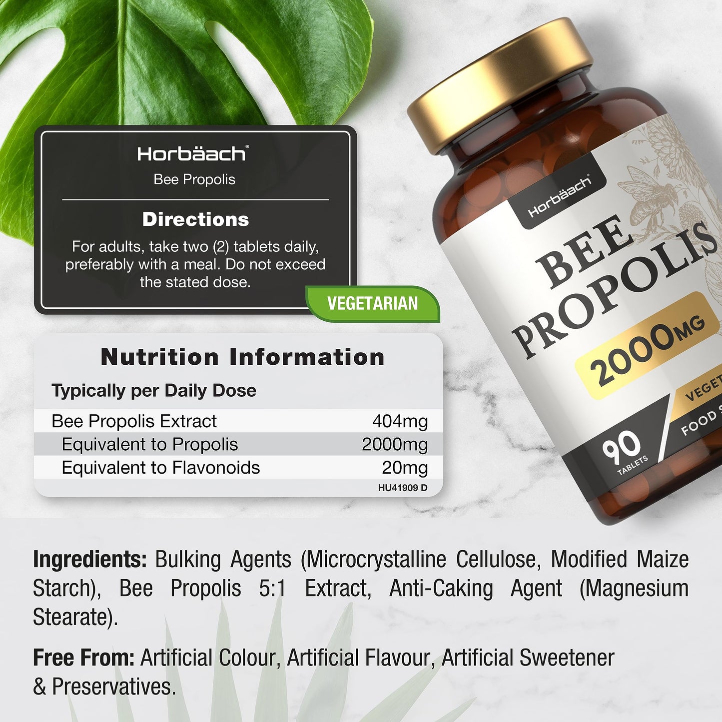 Bee Propolis Tablets | 2000mg | 90 Vegetarian Tablets | No Artificial Preservatives | by Horbaach