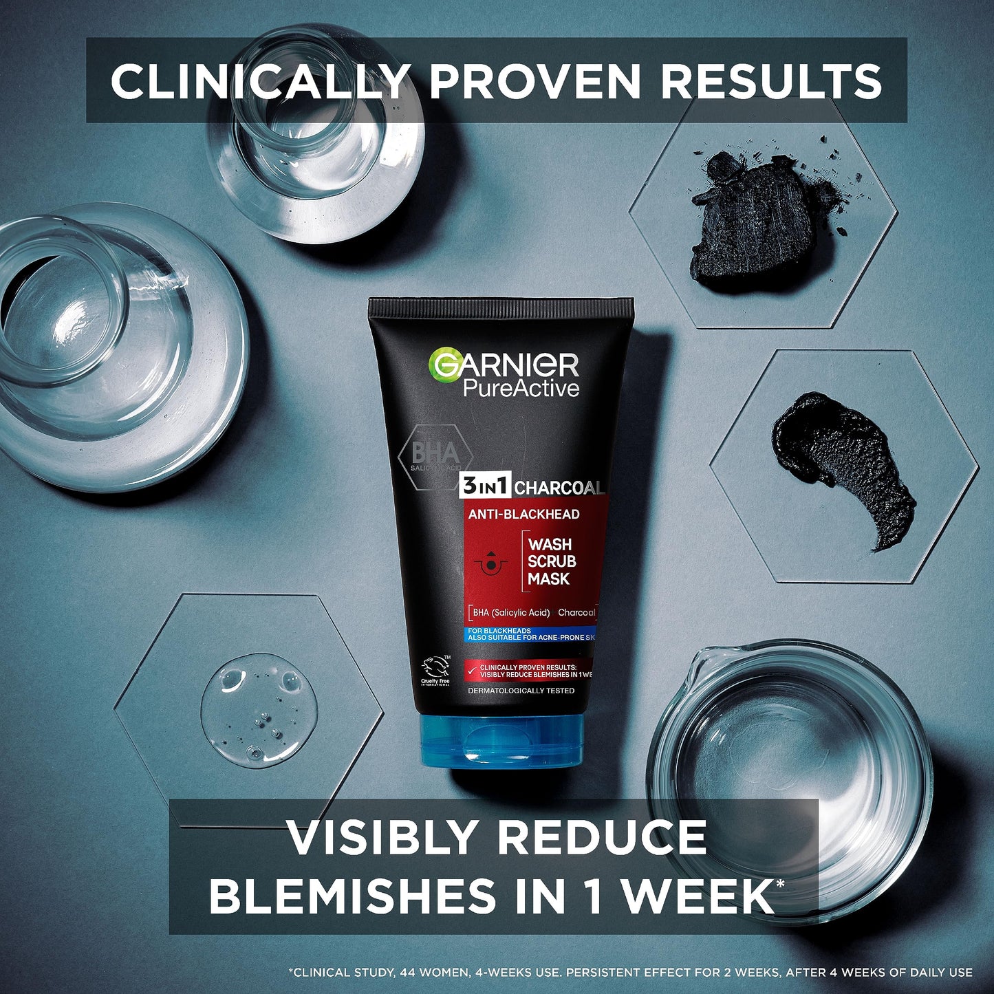 Garnier Pure Active 3 In 1 Charcoal Blackhead Mask Wash Scrub, Aloe Vera, 150 Ml, Pack Of 1