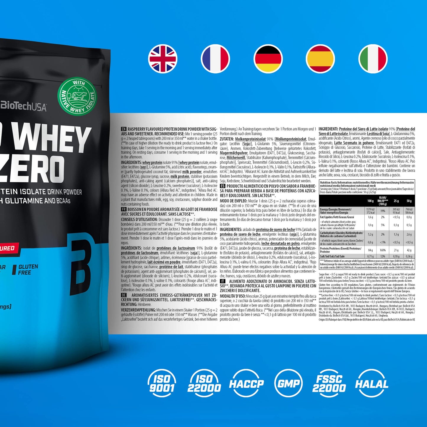 BioTechUSA Iso Whey Zero | Gluten, Sugar Free | Lactose Reduced | Premium Whey Protein Isolate, 500 g, Raspberry