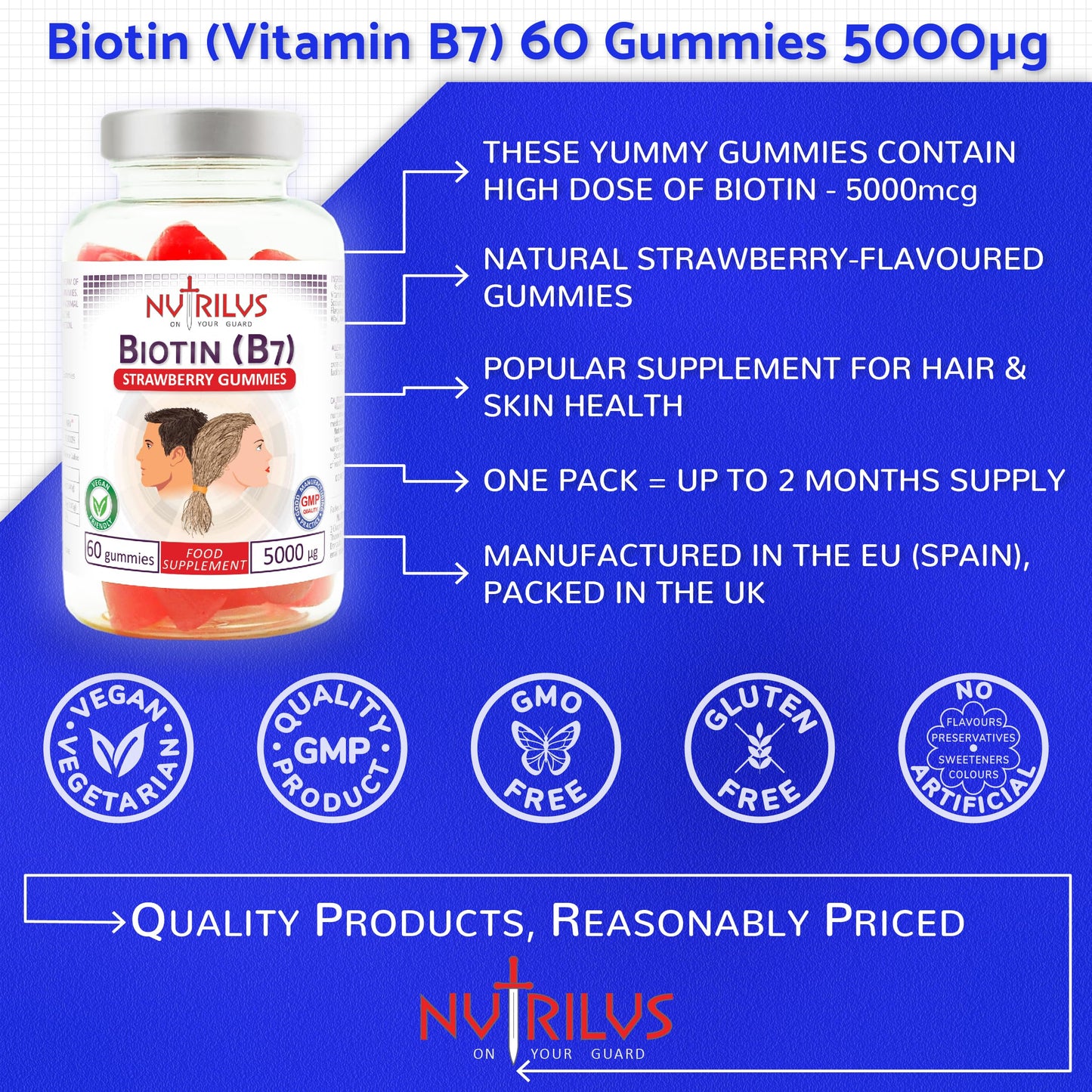 Nutrilus Biotin 60 Natural Strawberry Gummies High Strength 5000mcg per Gummy - One Daily - High Dose Vegan Supplement 5000µg Vitamin B7 - Hair & Skin & Nails