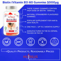 Nutrilus Biotin 60 Natural Strawberry Gummies High Strength 5000mcg per Gummy - One Daily - High Dose Vegan Supplement 5000µg Vitamin B7 - Hair & Skin & Nails