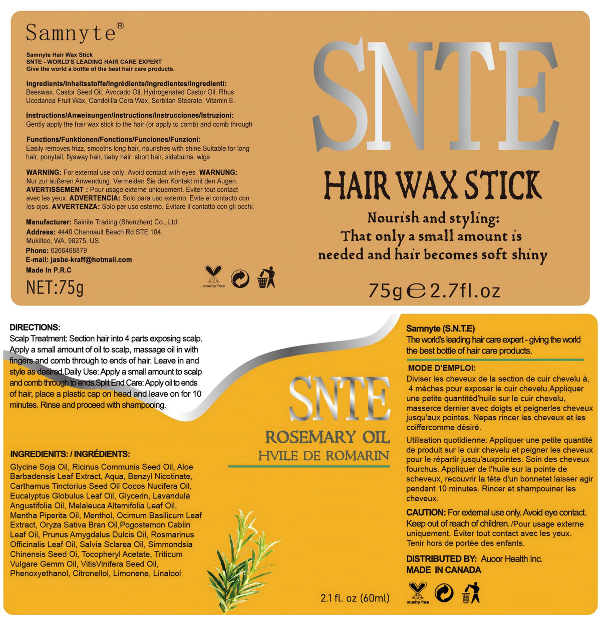 Samnyte Hair Wax Stick, Rosemary Oil for Hair Growth Set, Styling Wax Stick for Taming Flyaways, Non-greasy Rosemary Oil - Nourishing & Strengthen