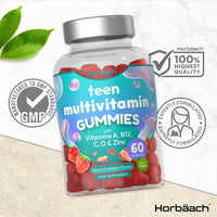 Multivitamins for Teens | 60 Vegan Gummies | 14 Essential Nutrients | with Vitamin A, B12, C, D & Zinc | Natural Strawberry Flavour | by Horbaach