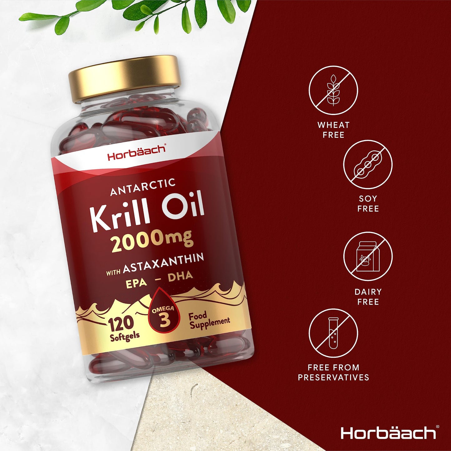 Antarctic Krill Oil 2000mg | 120 Softgel Capsules | High Strength Supplement with Astaxanthin and Omega 3 Fatty Acids EPA/DHA | by Horbaach