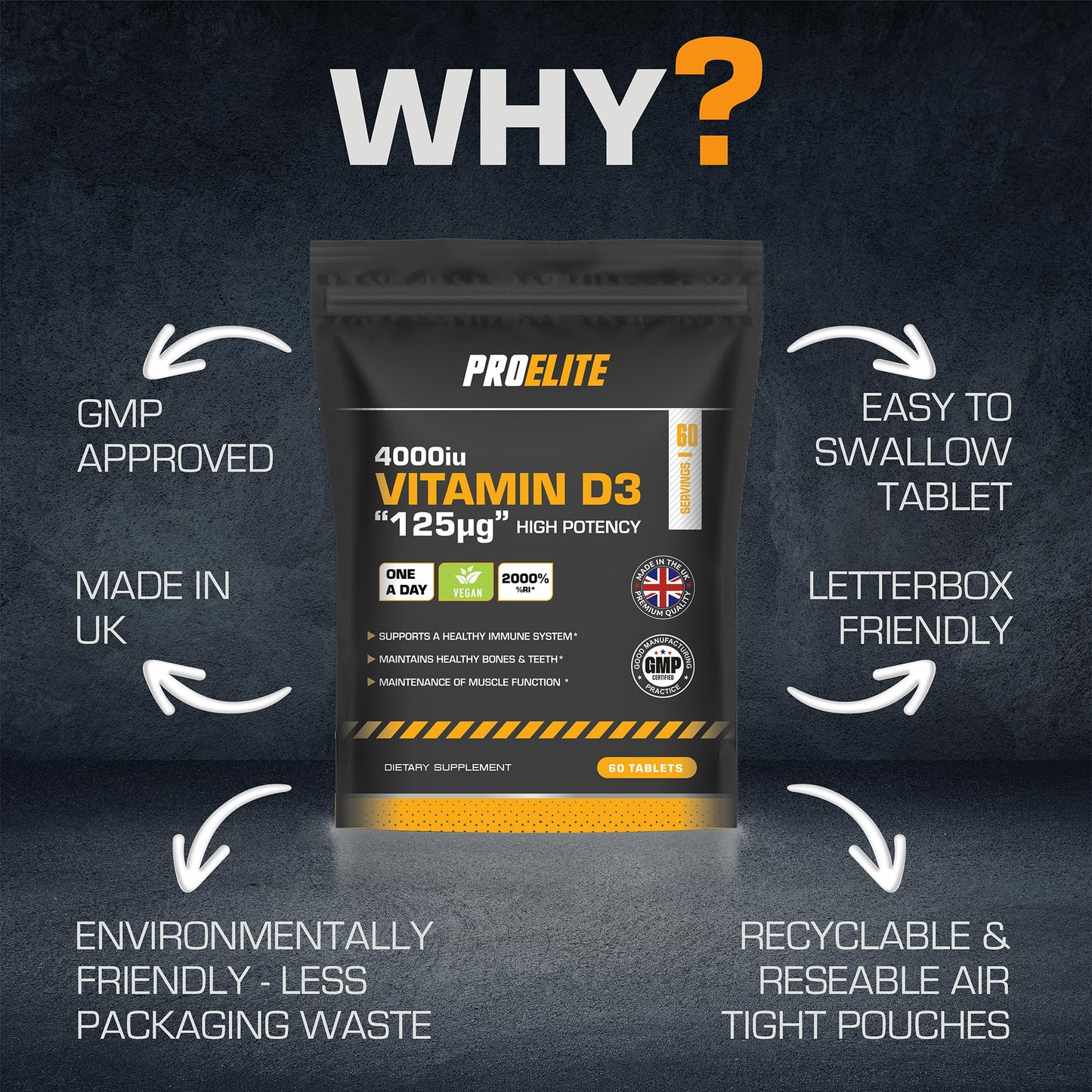 PROELITE Vitamin D3 4000 iu - Vitamin D Tablets - 180 Tablets - Vegan - Vitamin D Supplements - Immune System Booster - Made in The UK - Gluten Free